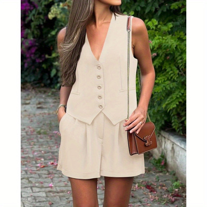 2024 Women'S Summer Two-Piece Outfit Set with V-Neck Sleeveless Button-Up Vest And Shorts for Business Work