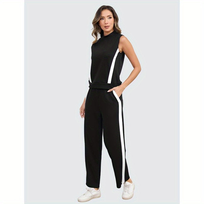 Aokivvy Women'S Summer Two-Piece Sets, Featuring Lounge Outfits with Mock Neck And Wide Leg Pants in Striped Casual Tracksuit Style