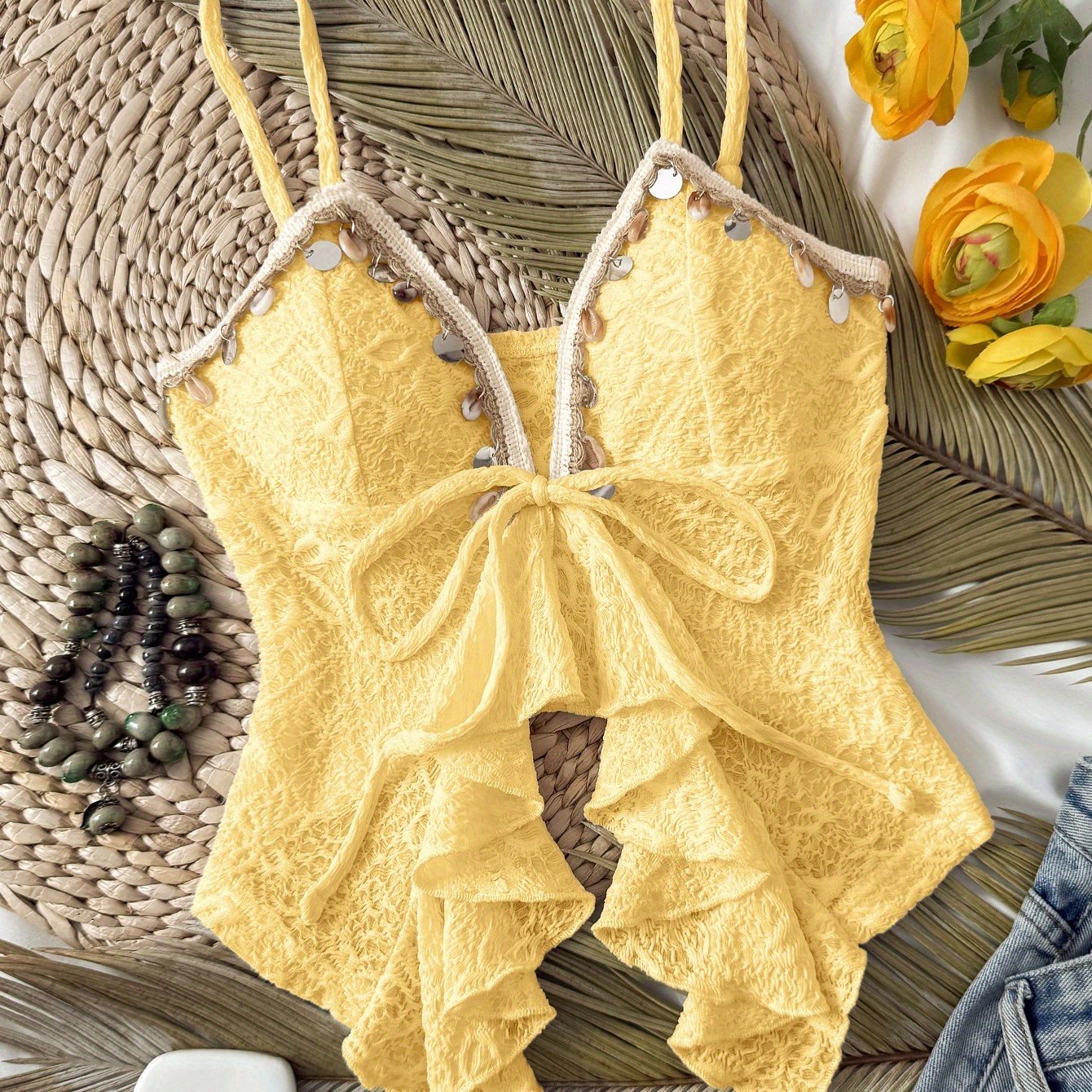 Lightweight Lace Tank Top Lightweight Stretchy Women's Adjustable Strap Off-Shoulder\u002FBoat Neck Lace Trim Tank Top | Polyester\u002FElastane Blend, Semi-Sheer Summer Casual Vacation Beachwear, Machine Washable