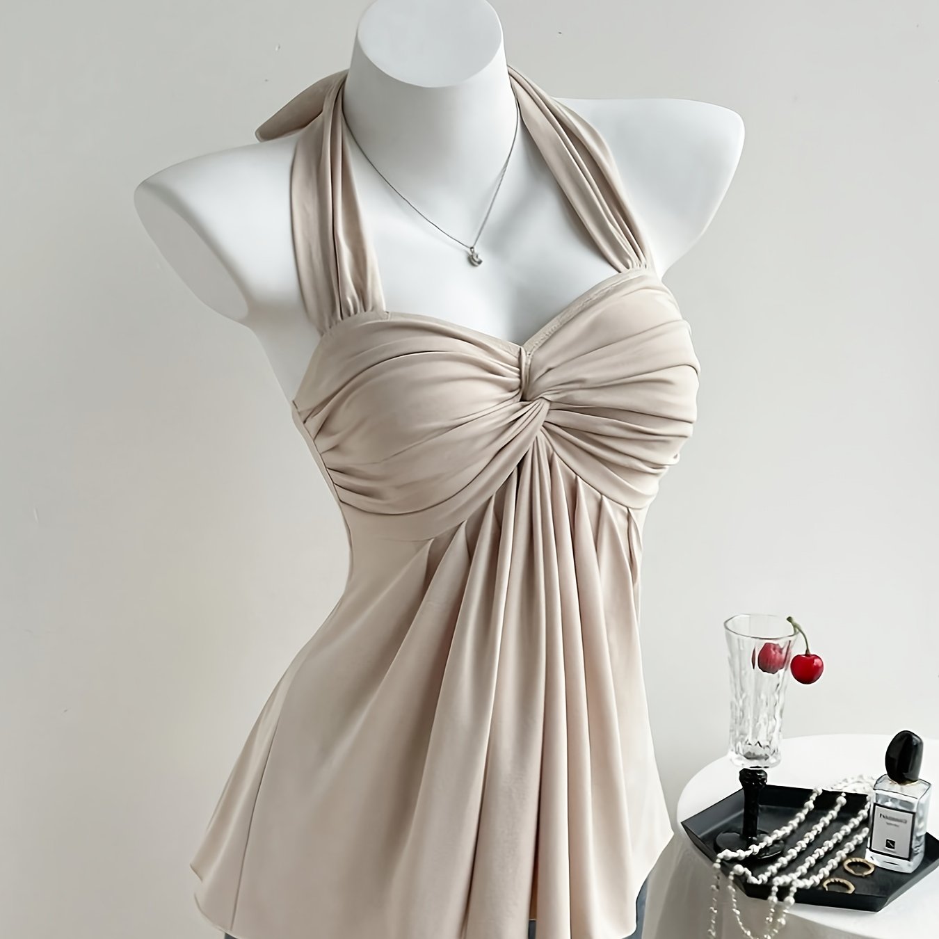 Women'S Peach Color Off-Shoulder Halter Top with Twist Detail - Sexy Backless Design, Solid Color, All-Season Wear, Stylish Halter Top|Trendy Halter Top|Polyester Fabric