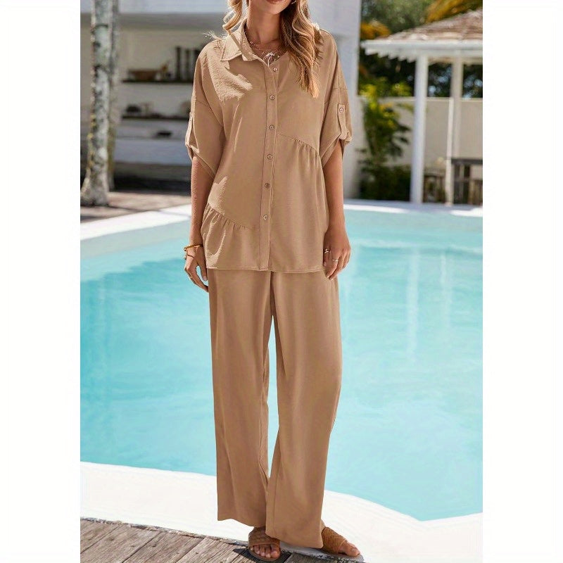 KIRUNDO Two Piece Sets for Women Summer Outfits 2025 Dressy Casual Half Sleeve Button Down Shirt Wide Leg Pants Lounge Set