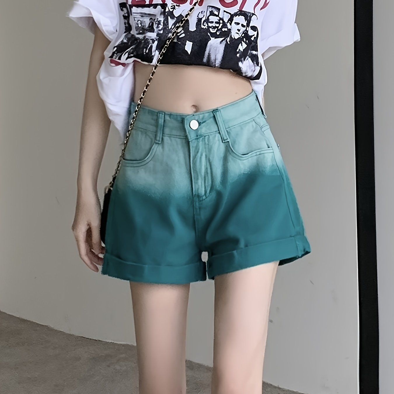 Women's High-Waist Green Ombre Denim Shorts - A-Line Cut, Loose Fit, Casual Summer Jean Shorts with Slant Pockets, Machine Washable, High Waisted Shorts, Casual Attire, Straight Leg Design, Smooth Texture Fabric