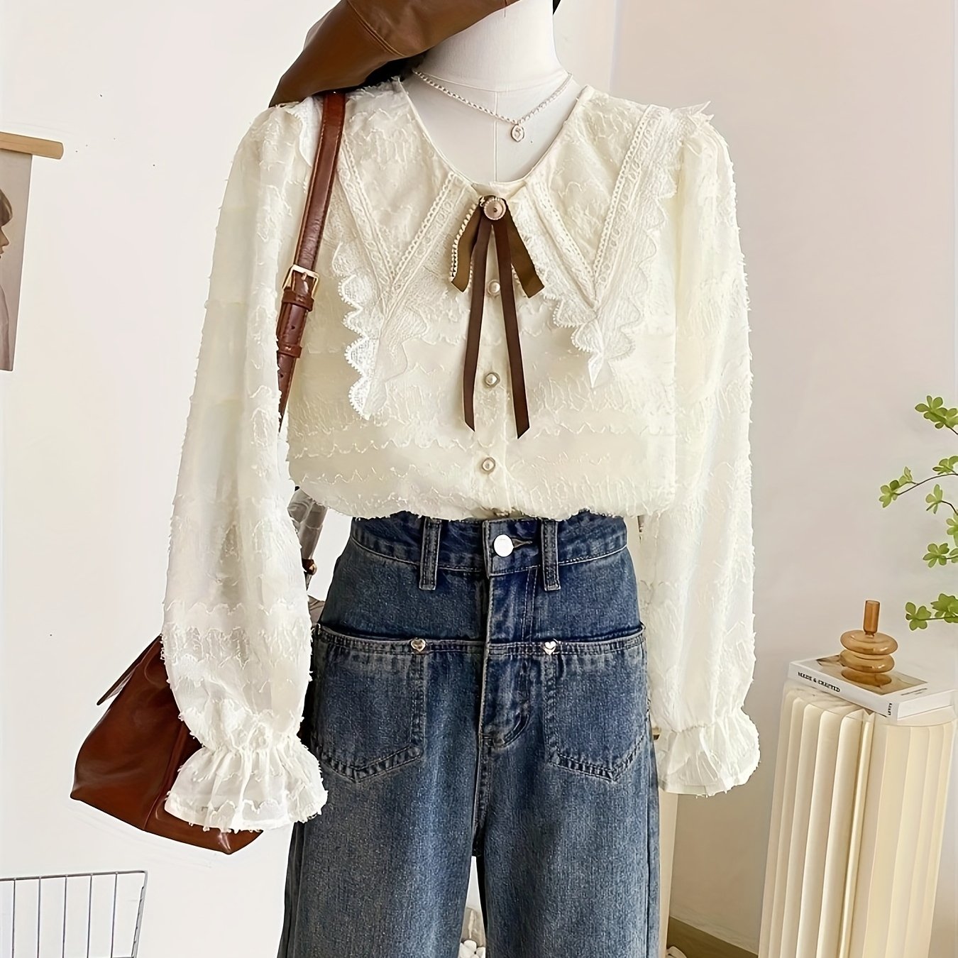 Women's Blouse - Elegant Long Sleeve Shirt with Turn- Collar, Non-See-Through Structured Blouse for Office, Formal Events, Everyday Outfits - Machine Washable Women's Tops, Casual Chic Top, Lace Detailed Clothing