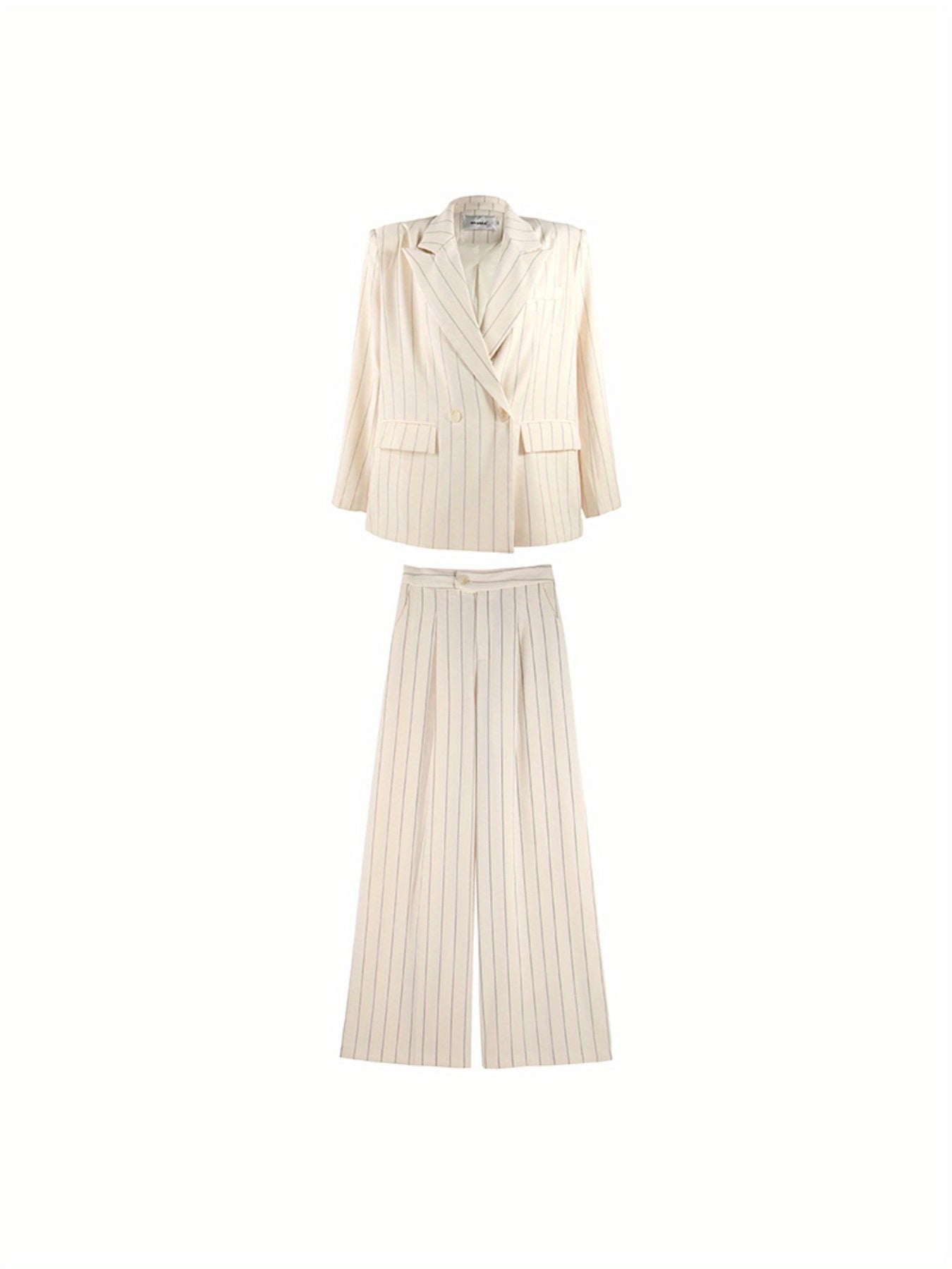 Spring-Summer New Women'S Suit Set with a Turned- Collar And Thin Stripes, Featuring a Double-Breasted Design for The Blazer And Wide-Leg Pants. It exudes a Professional And Elegant Look, Perfect for Office Commute, Business Events, And Formal Gatherings.