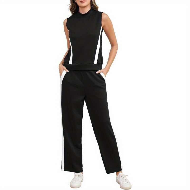 Aokivvy Women'S Summer Two-Piece Sets, Featuring Lounge Outfits with Mock Neck And Wide Leg Pants in Striped Casual Tracksuit Style