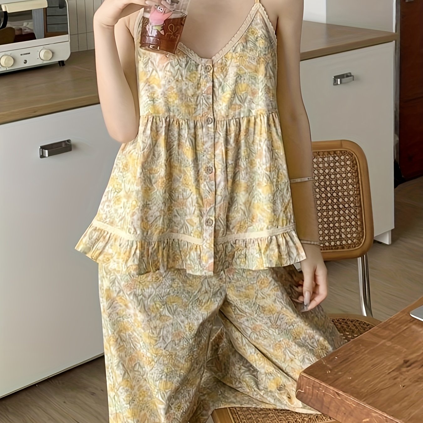 Women'S Sexy Floral Print Cami Top & High-Waisted Pants Set - Sleeveless, Button Detail, Lightweight Summer Loungewear, All-Season Comfort, Casual Home Wear|Floral Print Top|Button Detail Pants, Pajamas
