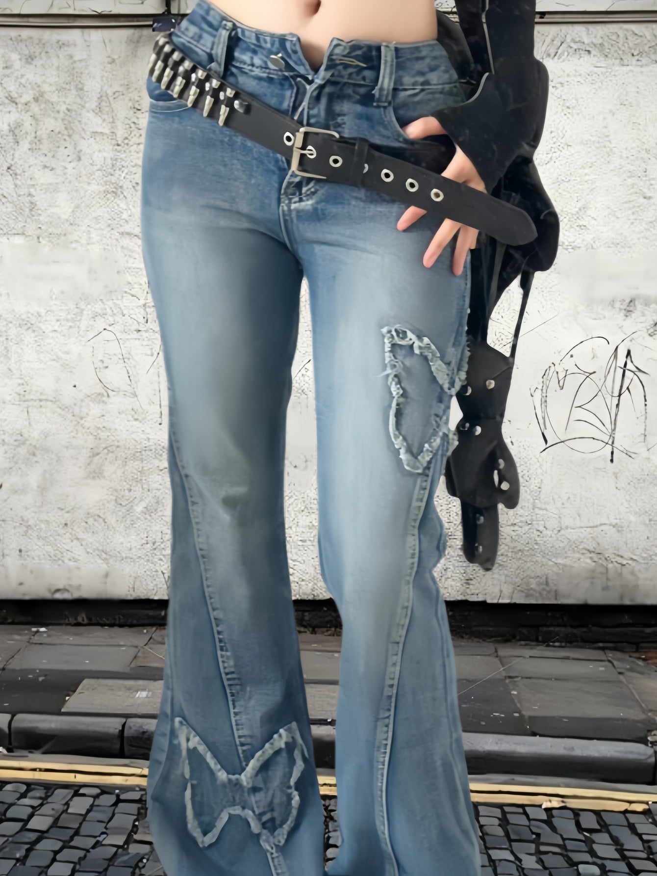 New American retro butterfly embroidered micro-flared jeans Spice high waist fashion versatile elastic slim slim long pants, machine washable