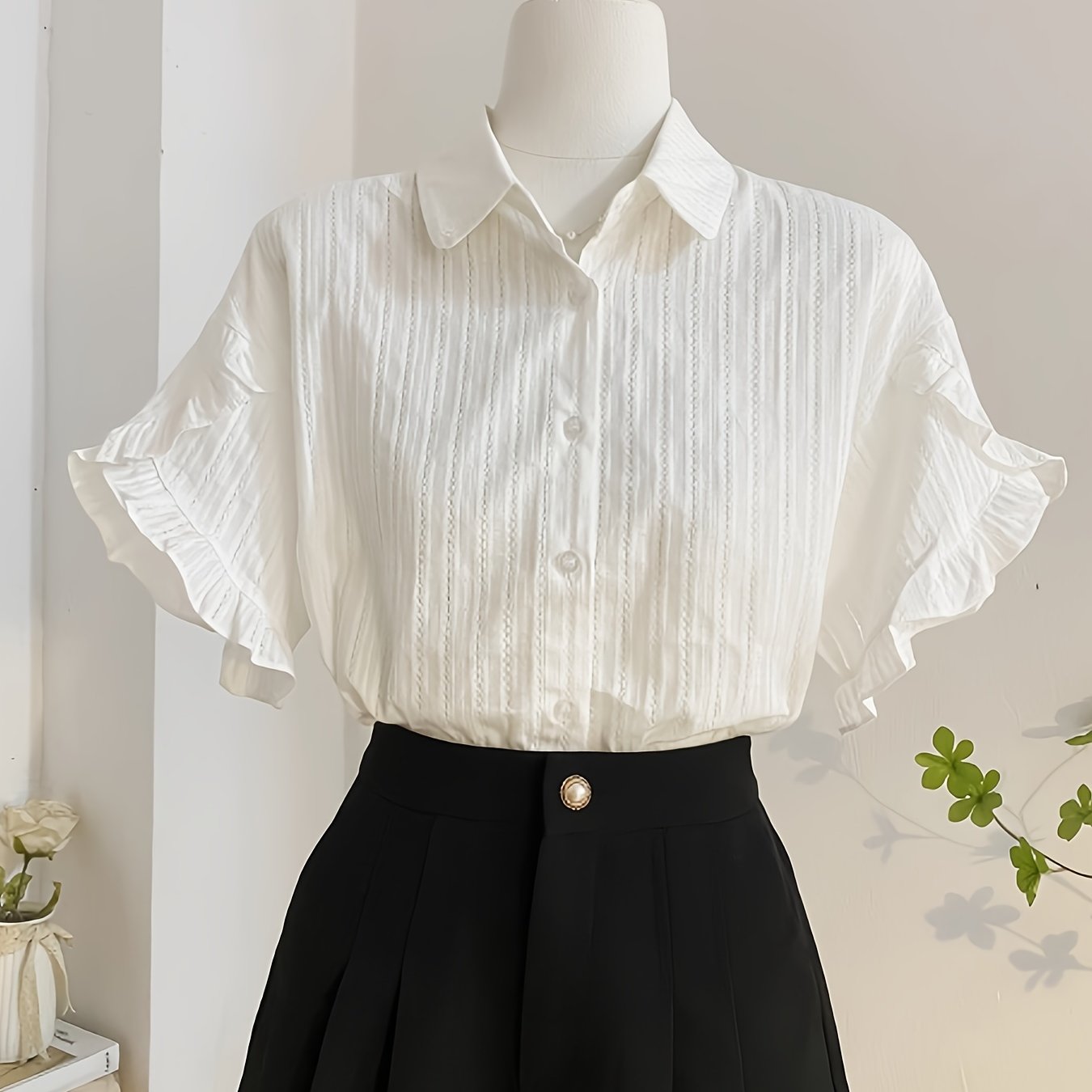 Women's White Collar Bell Sleeve Blouse - Elegant Summer Top with Button-Up Front, Loose Fit & Flared Sleeves for a Chic, Age-Reducing Look, Ladies Blouses