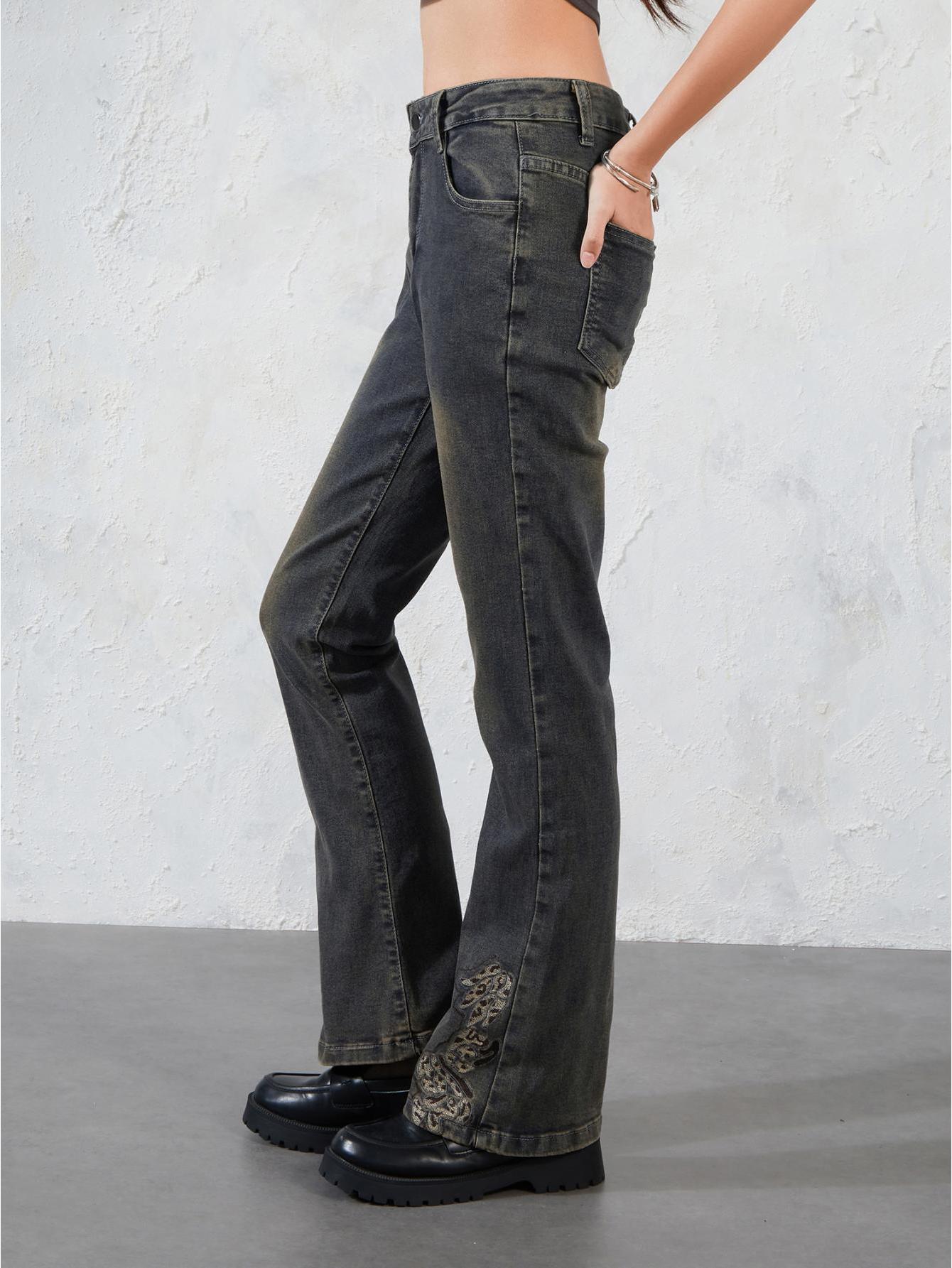 Women's s' Bell Bottom Flared Jeans - 100% Polyester Wide Leg Embroidered Floral Pants, Casual All-Season Trousers with Smooth Texture & Hand Wash Care