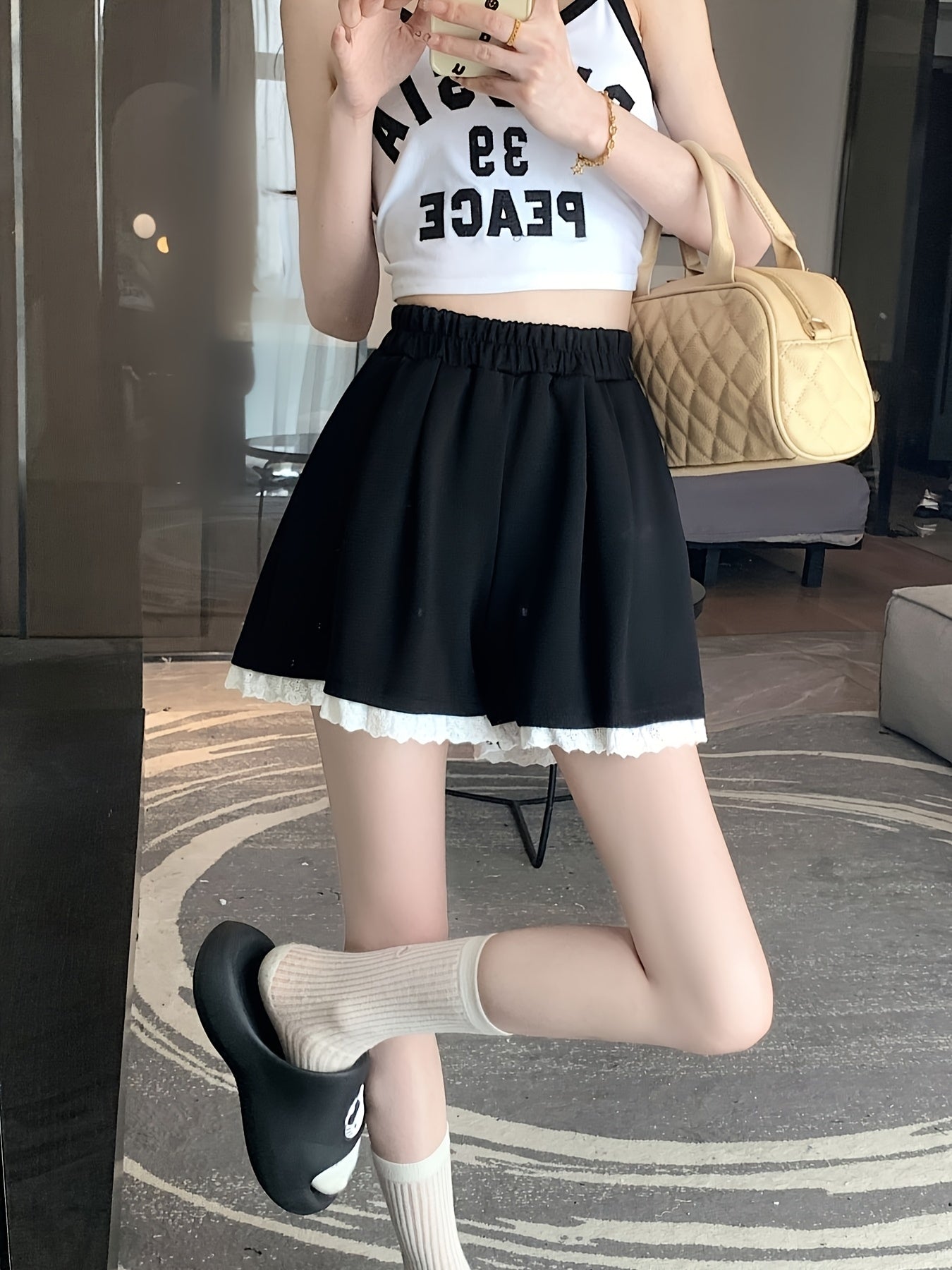 New Stylish Contrast Lace Trim Elastic Waist Loose Fit Wide-Leg Shorts for Women - Fashionable, Versatile, and Summer Casual y Style