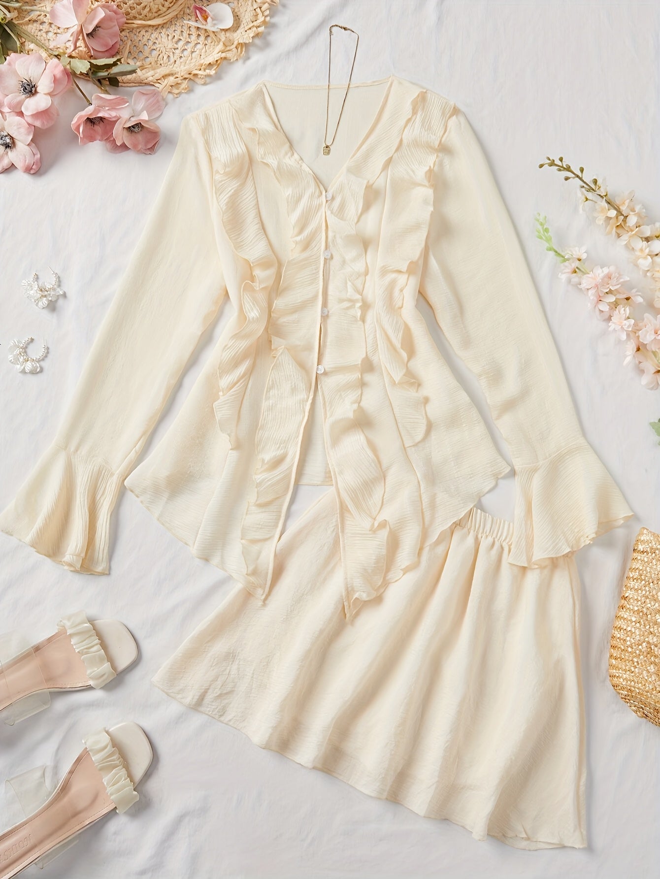 for Lotus Leaf Edge Set: Sweet Summer Design with Cinched Waist Shirt and Skirt Two-Piece Outfit for a Premium Look