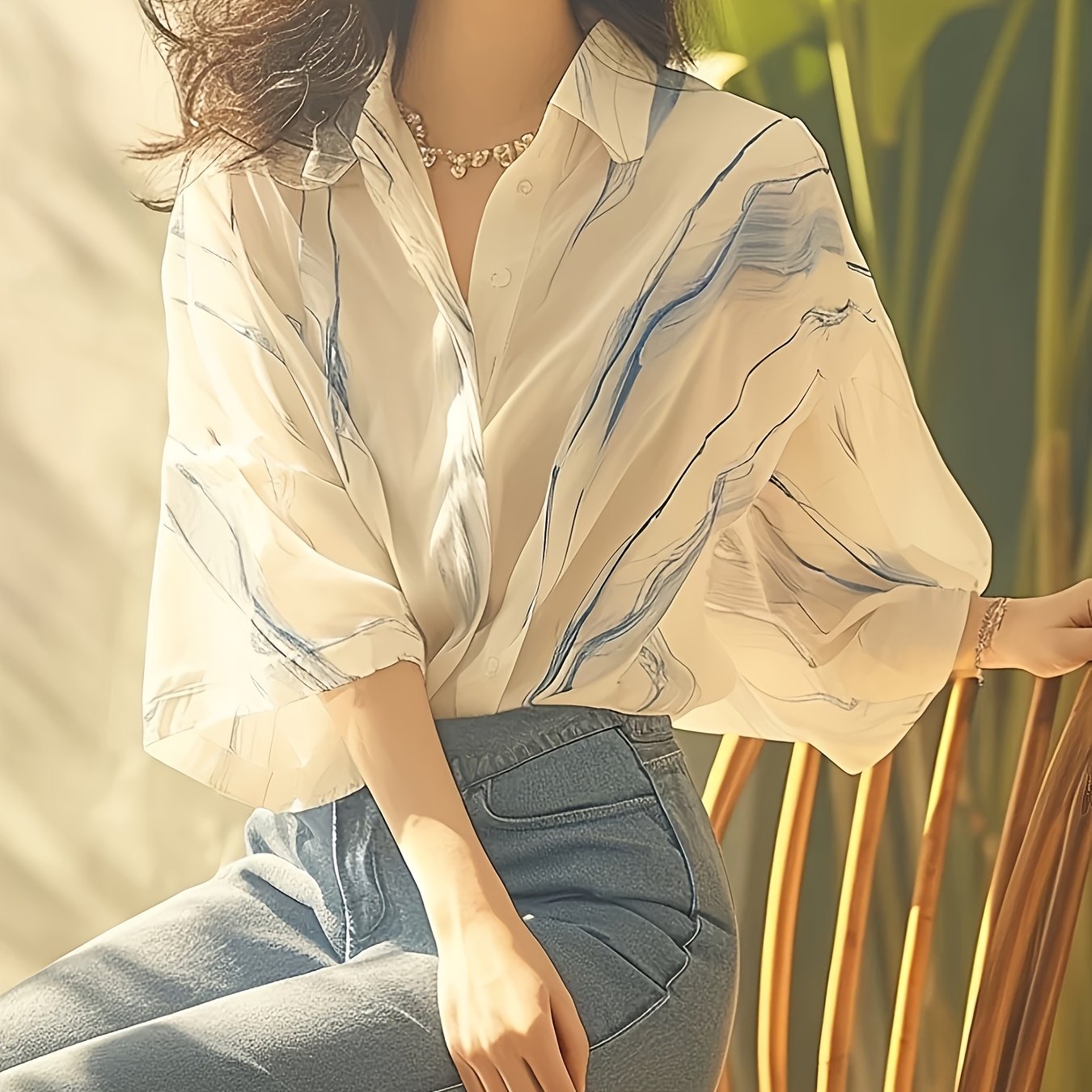 Elegant Women's Blue Marbled Stripe Blouse - Lightweight 3\u002F4 Sleeve Shirt with White Collar, Versatile Summer Top for Casual or Dressy Outfits, Outfit Versatile, Sophisticated Casual, Decorative Pearl Detail