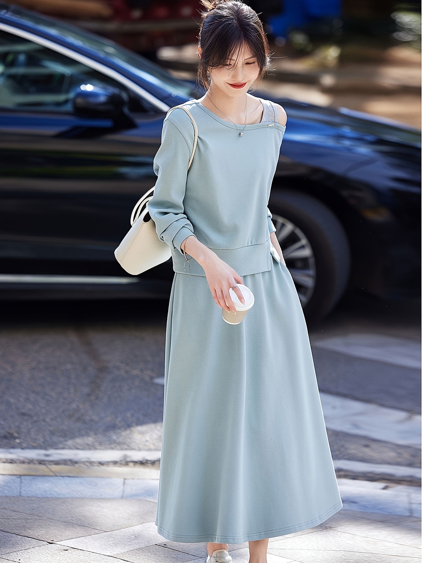 Chic Off-Shoulder Ribbed Top & Pleated Midi Skirt Set - Casual Two-Piece, Loose Fit, Long Sleeve, Solid Color, Spring\u002FFall Women'S Outfit, Casual Attire|Asymmetrical Neckline| Construction, Off Shoulder Top