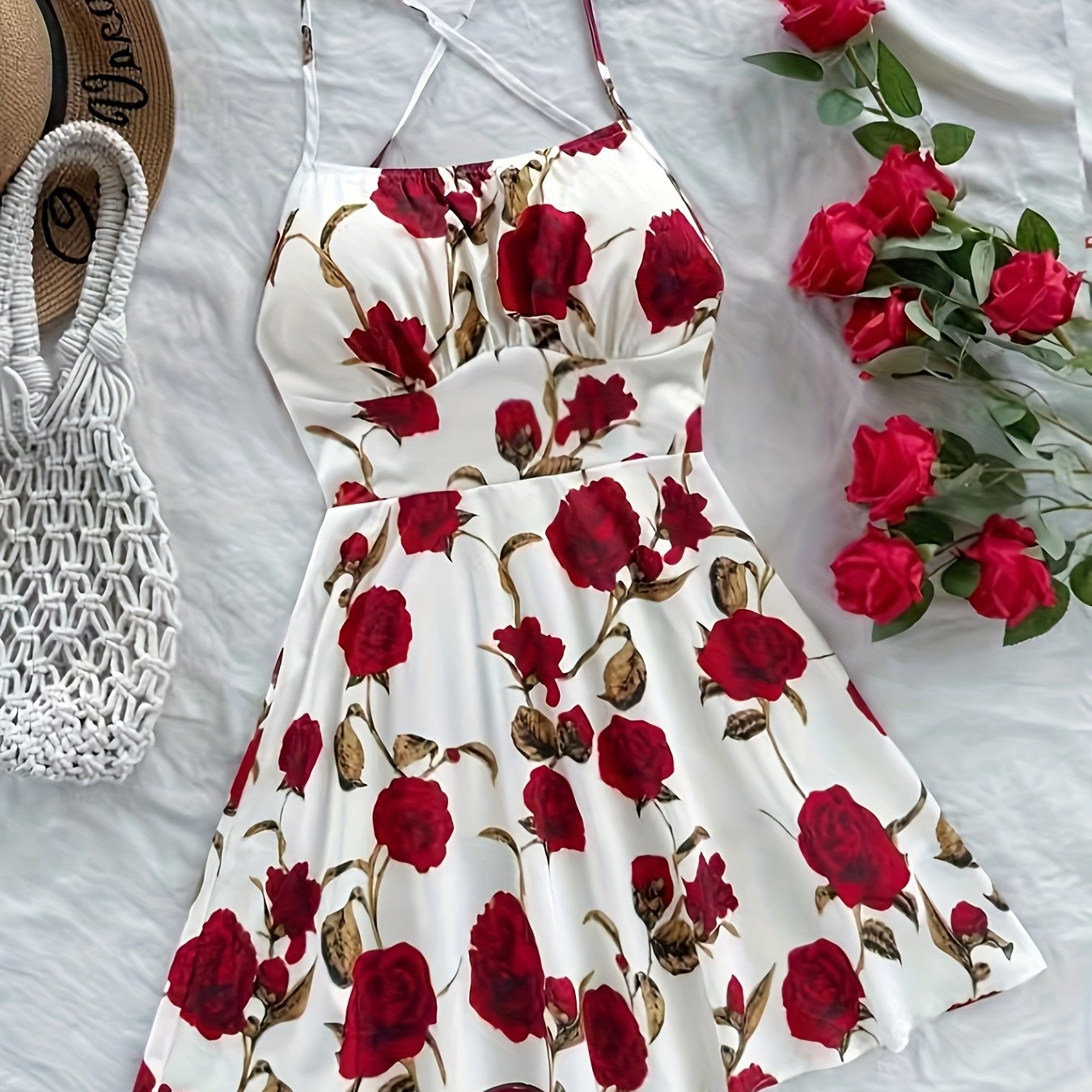 Women's Off-Shoulder A-Line Dress with Bold Red Rose Floral Print - Machine Washable Lightweight Summer Beach Party Dress for Vacations, Gatherings & Casual Outings, Romantic Event Attire | Strappy Detail