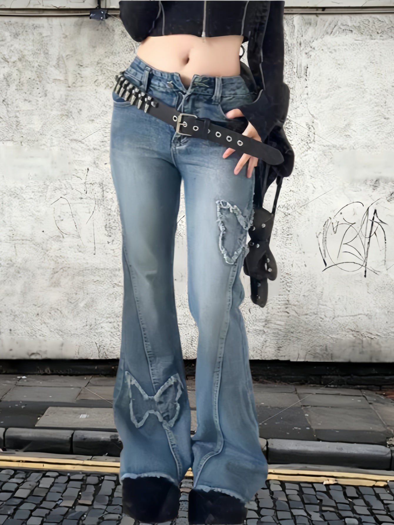 New American retro butterfly embroidered micro-flared jeans Spice high waist fashion versatile elastic slim slim long pants, machine washable