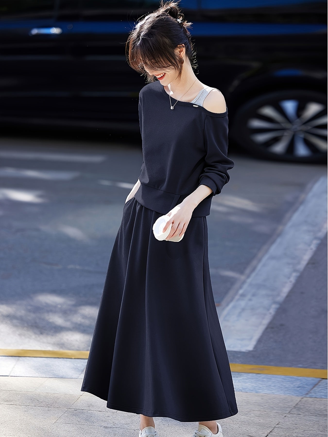 Chic Off-Shoulder Ribbed Top & Pleated Midi Skirt Set - Casual Two-Piece, Loose Fit, Long Sleeve, Solid Color, Spring\u002FFall Women'S Outfit, Casual Attire|Asymmetrical Neckline| Construction, Off Shoulder Top