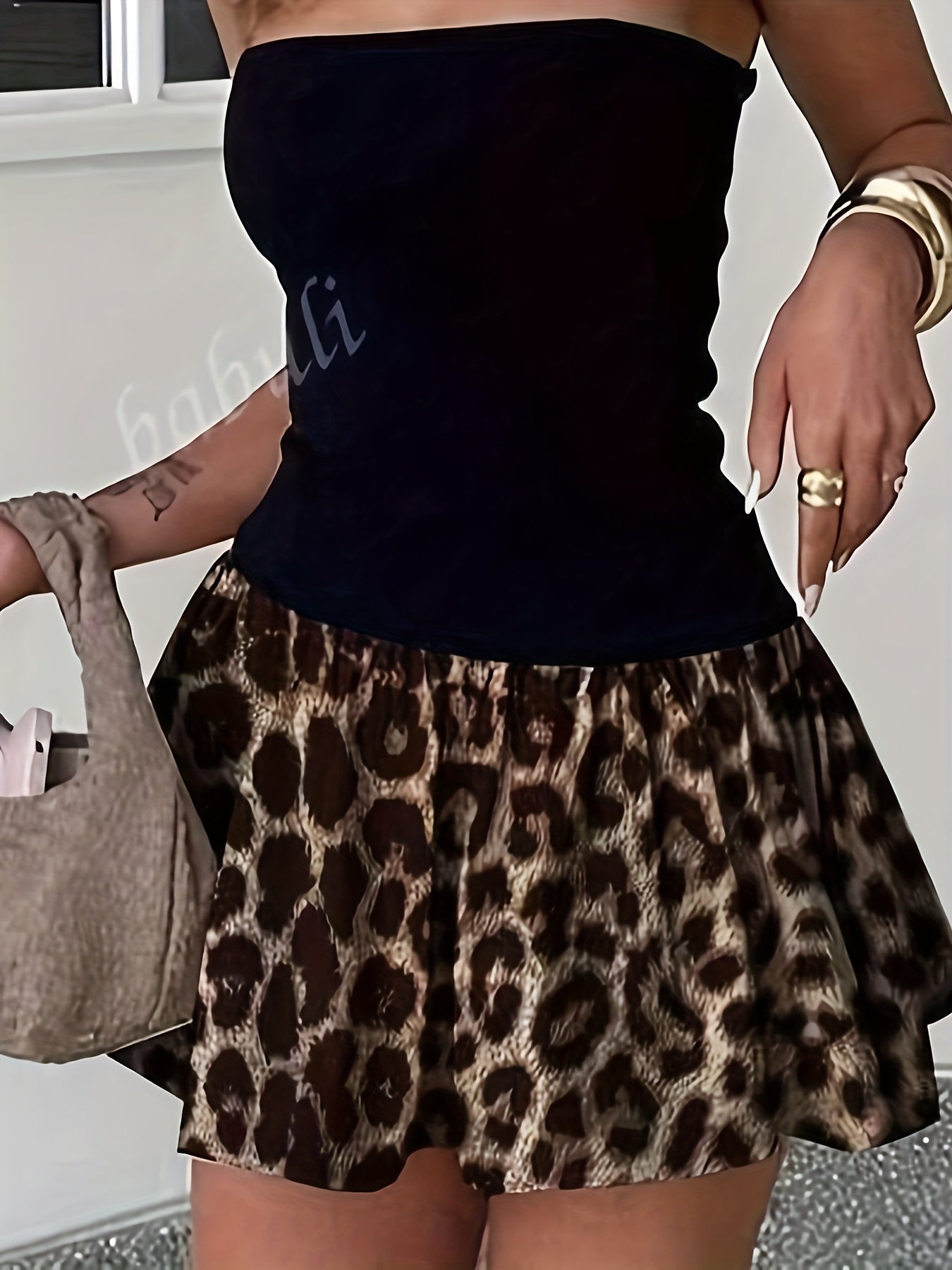 Women's Sleeveless Leopard Print & Black Contrast Color Block Dress - Fitted Top & Flared Skirt, Off-Shoulder\u002FOne-Shoulder Casual Chic Machine Washable All-Season Outfit, Versatile Fashion, Formal Vs Casual Wear