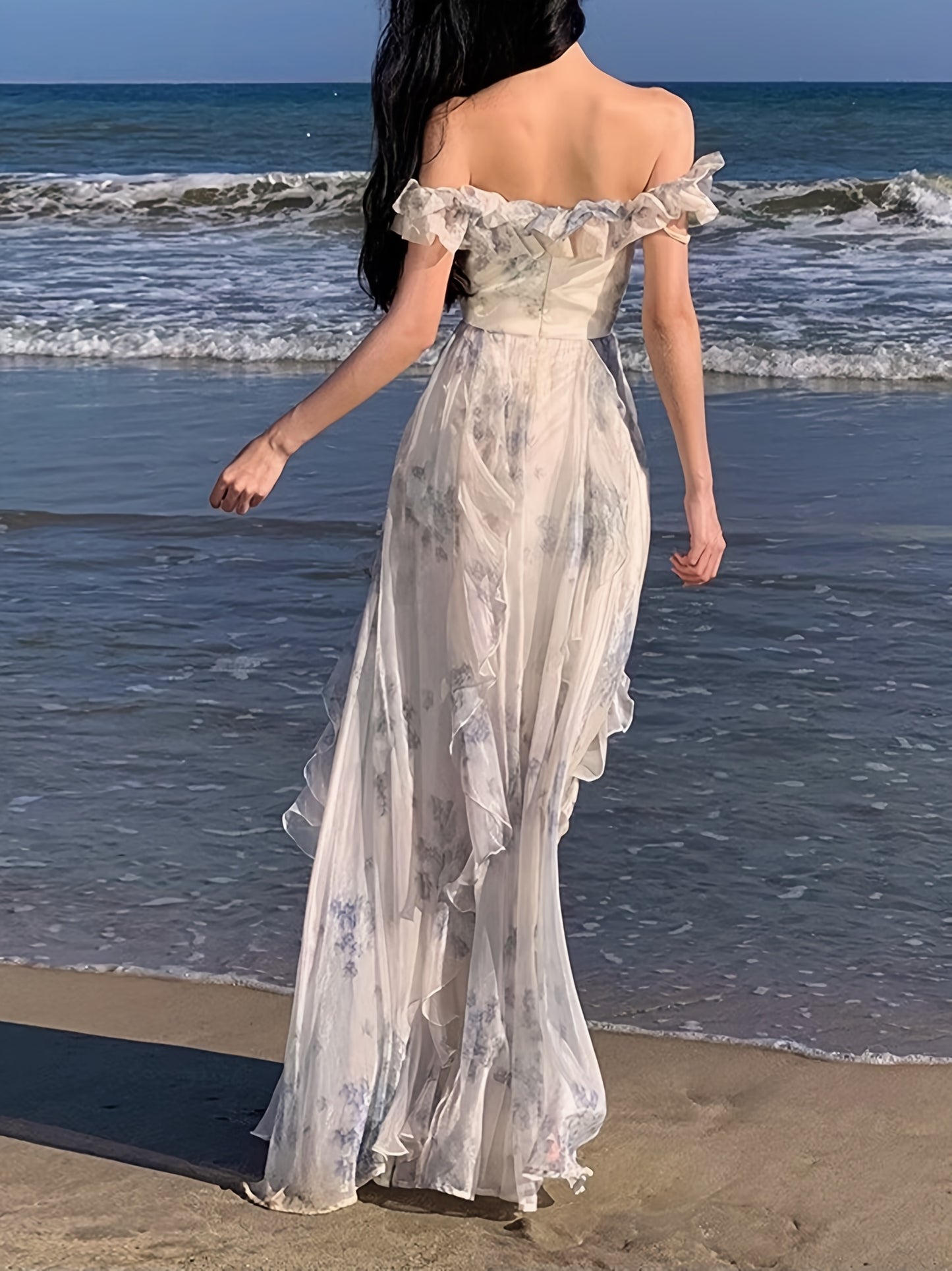 Blue-toned Upgraded Version Off-Shoulder Beach Dress with Ruffle Detail, Floral Print, and Flowy Design for Summer Vacation - Elegant Long A-Line Gown with Cinched Waist, Perfect for Adult Women, Beach Dresses
