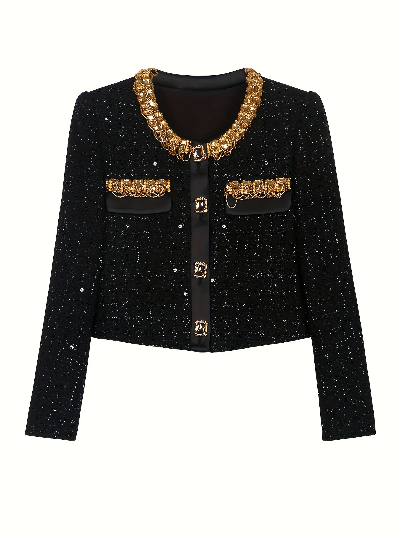 Elegant Black Sequin Two-Piece Set with Golden Accents - Sleeveless Mini Dress & Cropped Jacket, Rhinestone Embellishments, Perfect for Fall\u002FWinter Parties, Winter Party Attire|Sequin Embellished|Rhinestone Details