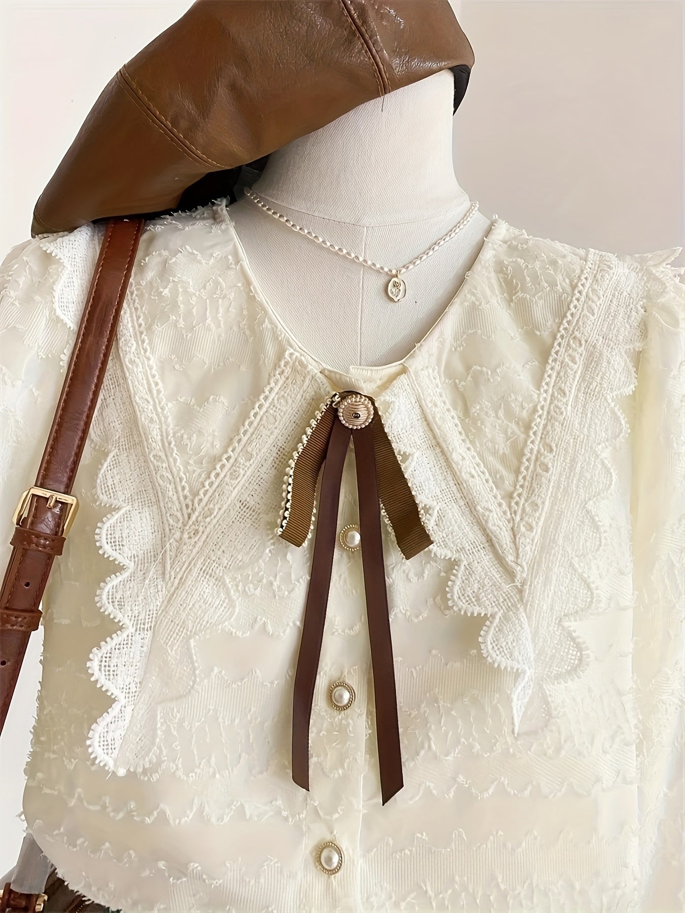 Women's Blouse - Elegant Long Sleeve Shirt with Turn- Collar, Non-See-Through Structured Blouse for Office, Formal Events, Everyday Outfits - Machine Washable Women's Tops, Casual Chic Top, Lace Detailed Clothing