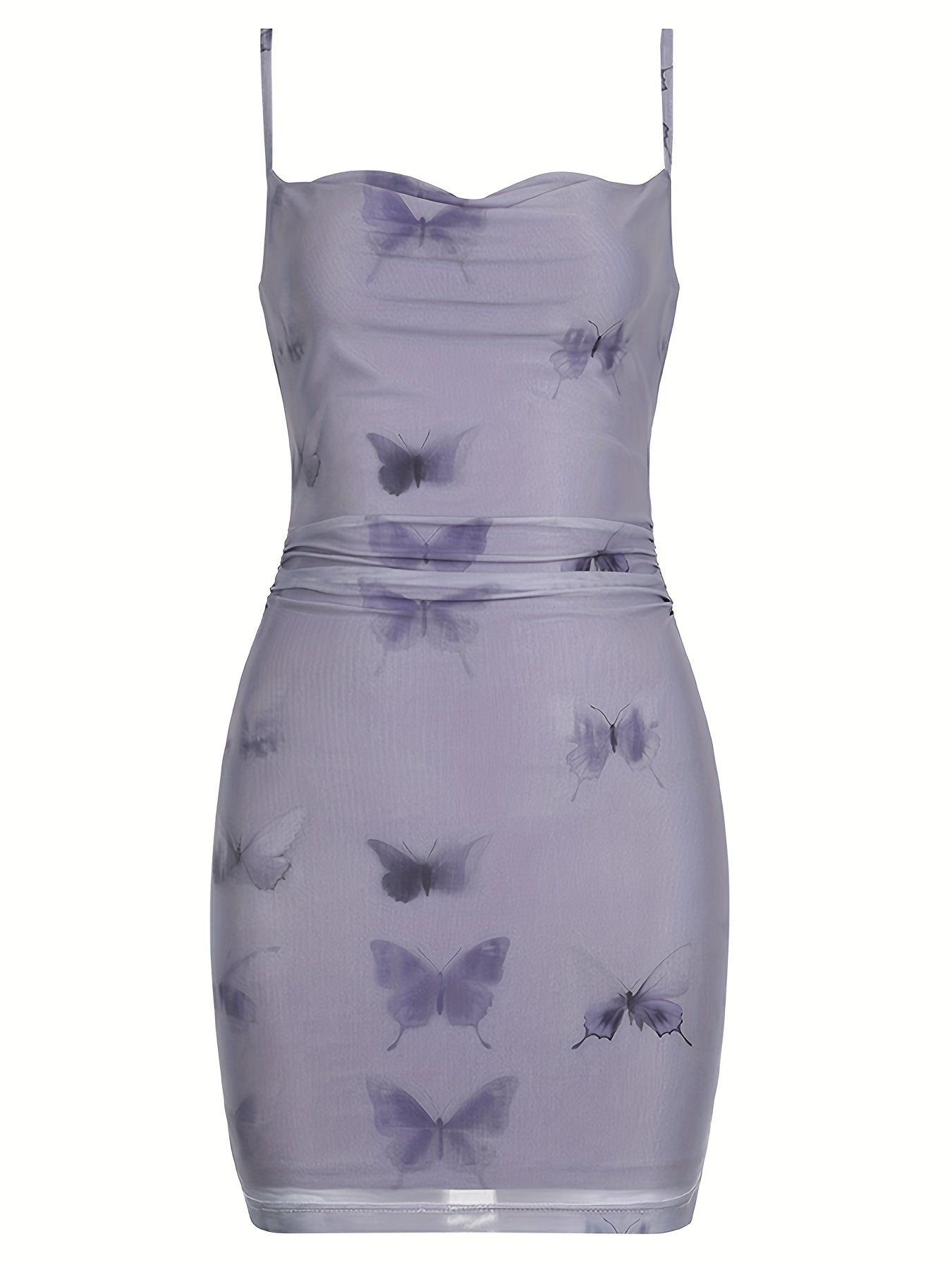 Retro Butterfly Print Mesh Bodycon Camisole Dress for Vacation Parties, Stylish And Sexy Sleeveless Sundress.