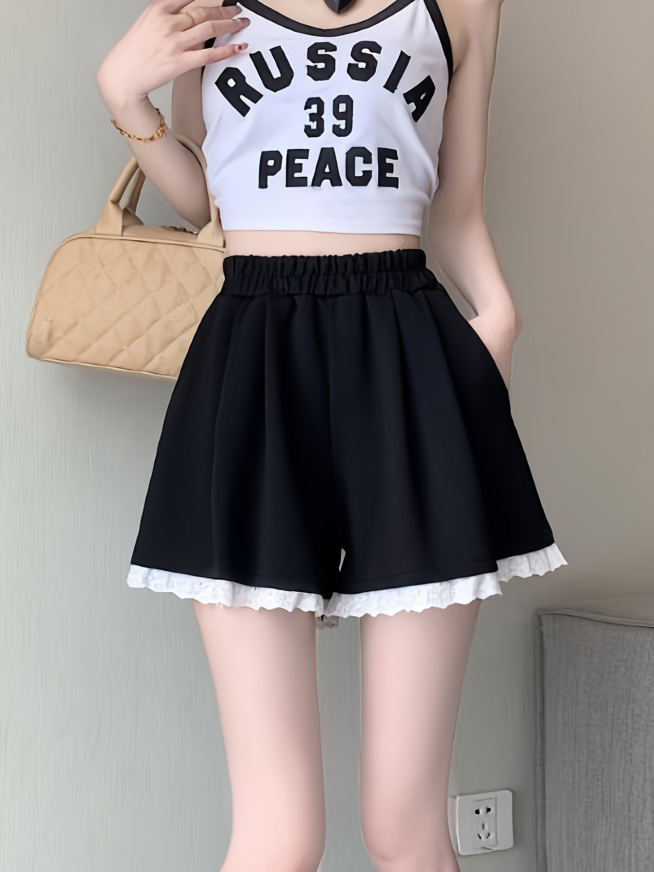 New Stylish Contrast Lace Trim Elastic Waist Loose Fit Wide-Leg Shorts for Women - Fashionable, Versatile, and Summer Casual y Style