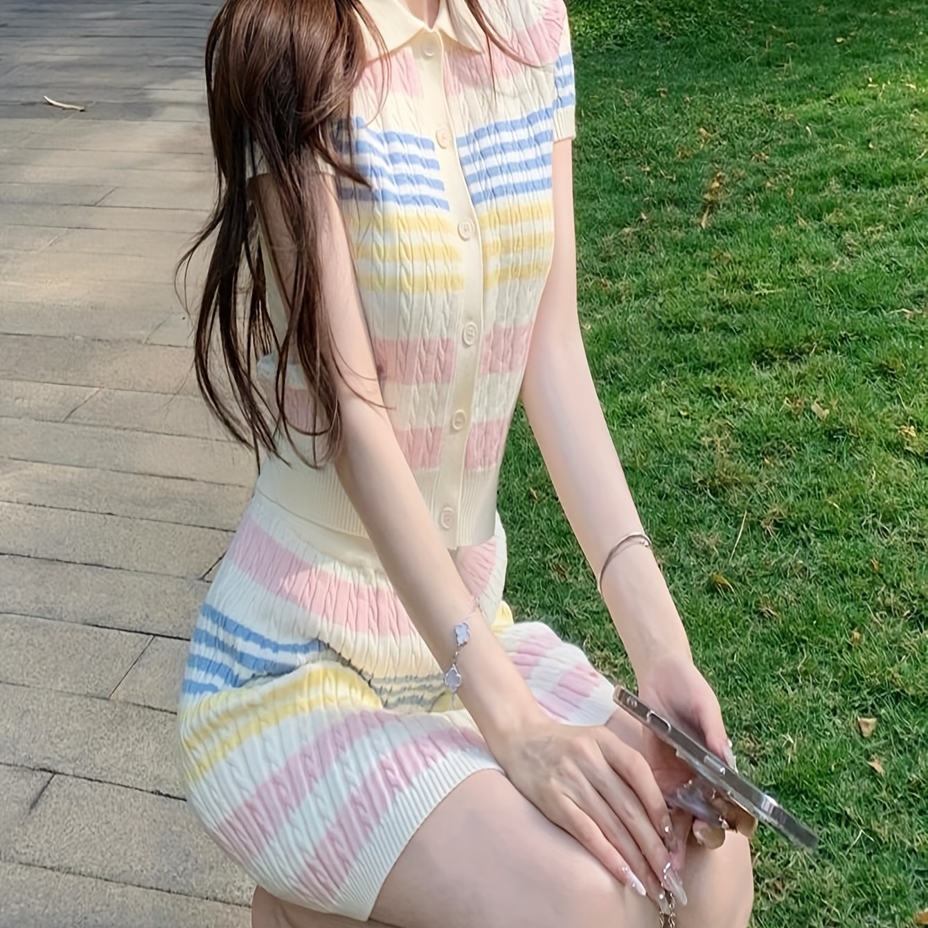 Sweet Fashion Color Striped Set, Short Sleeve Midi Skirt Two-Piece with Collar Design, Summer Women's