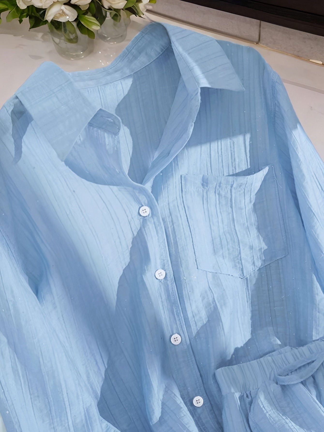 Women'S Casual Light Blue Shirt and Shorts Set - Solid Color, Button-Up Blouse with Ruffled Hem, High-Waisted Shorts, Perfect for Spring\u002FFall, Casual Attire|Ruffled Hem Shirt|Polyester Fabric