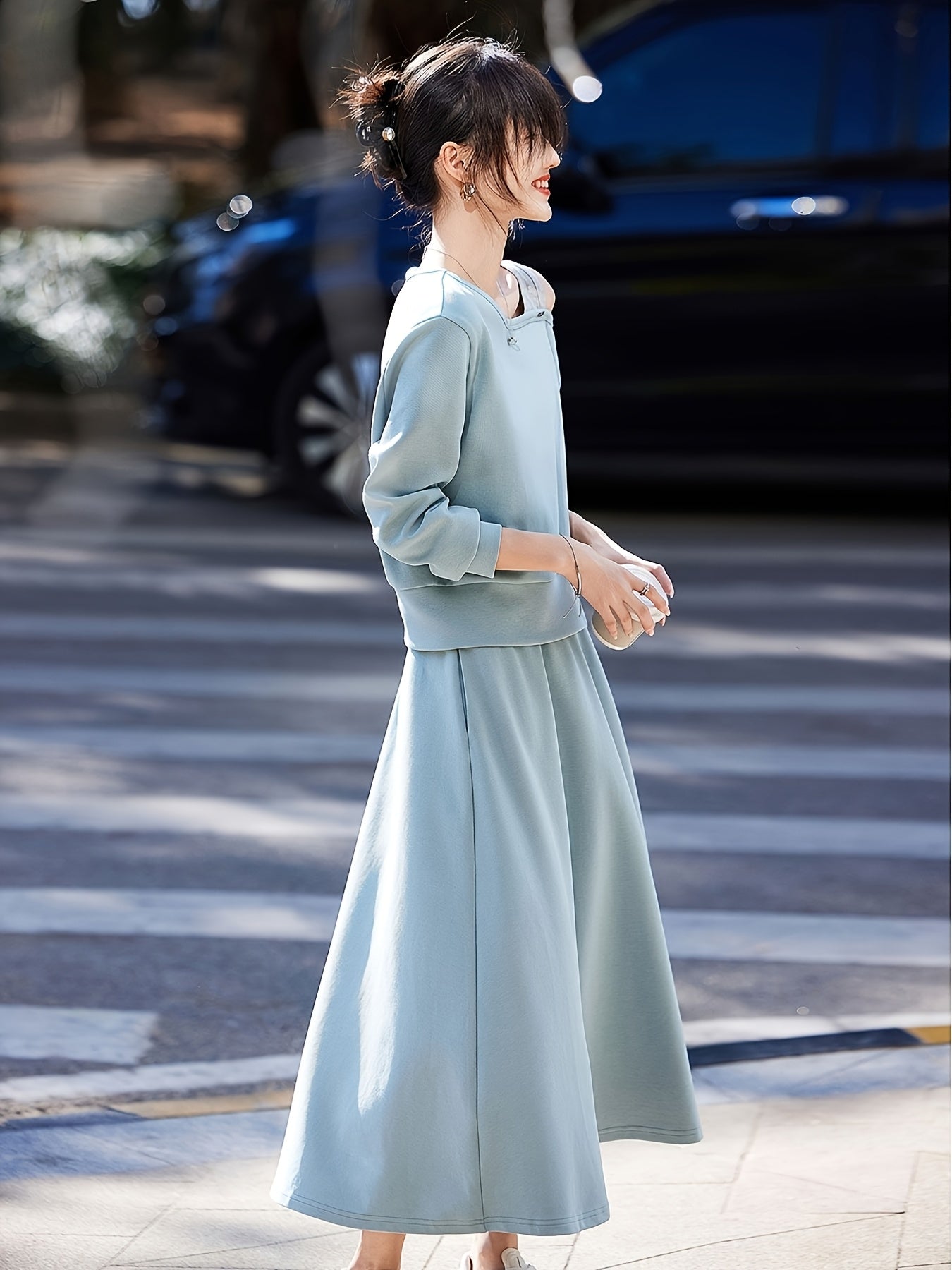 Chic Off-Shoulder Ribbed Top & Pleated Midi Skirt Set - Casual Two-Piece, Loose Fit, Long Sleeve, Solid Color, Spring\u002FFall Women'S Outfit, Casual Attire|Asymmetrical Neckline| Construction, Off Shoulder Top