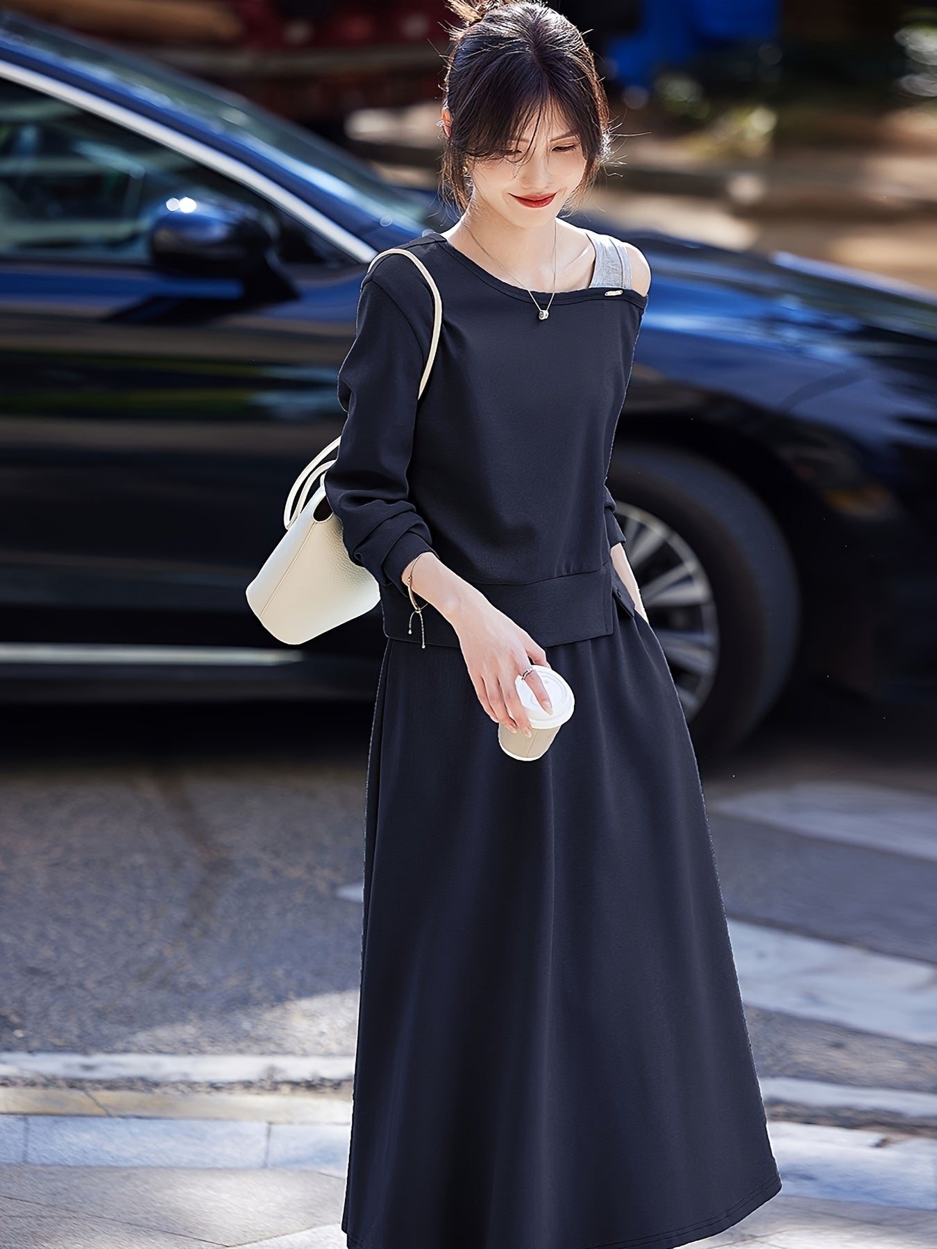 Chic Off-Shoulder Ribbed Top & Pleated Midi Skirt Set - Casual Two-Piece, Loose Fit, Long Sleeve, Solid Color, Spring\u002FFall Women'S Outfit, Casual Attire|Asymmetrical Neckline| Construction, Off Shoulder Top