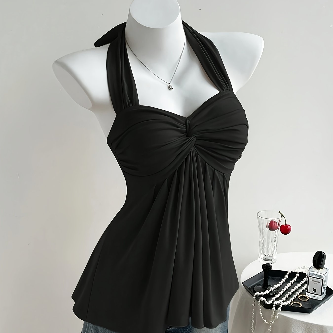Women'S Peach Color Off-Shoulder Halter Top with Twist Detail - Sexy Backless Design, Solid Color, All-Season Wear, Stylish Halter Top|Trendy Halter Top|Polyester Fabric