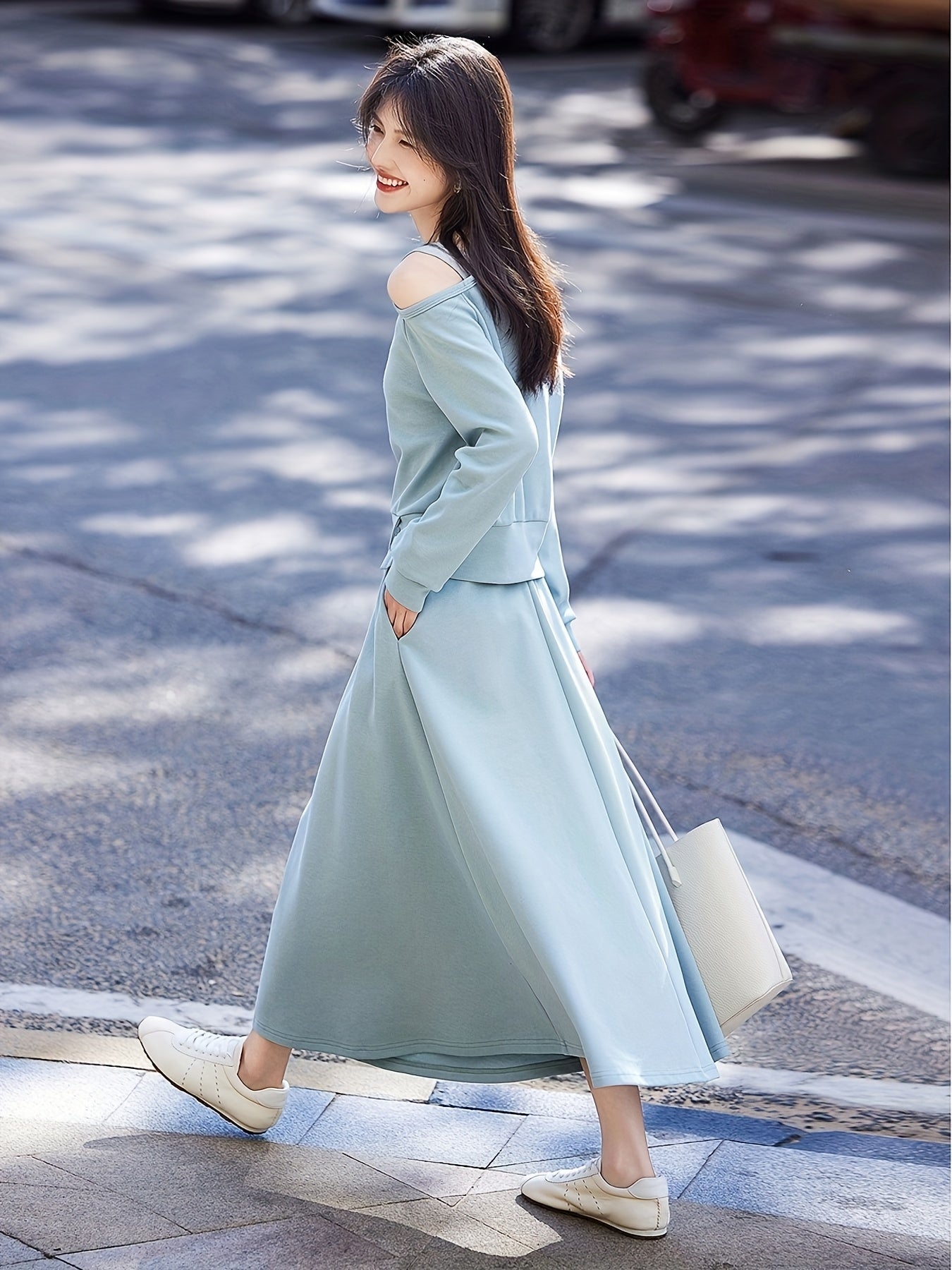 Chic Off-Shoulder Ribbed Top & Pleated Midi Skirt Set - Casual Two-Piece, Loose Fit, Long Sleeve, Solid Color, Spring\u002FFall Women'S Outfit, Casual Attire|Asymmetrical Neckline| Construction, Off Shoulder Top