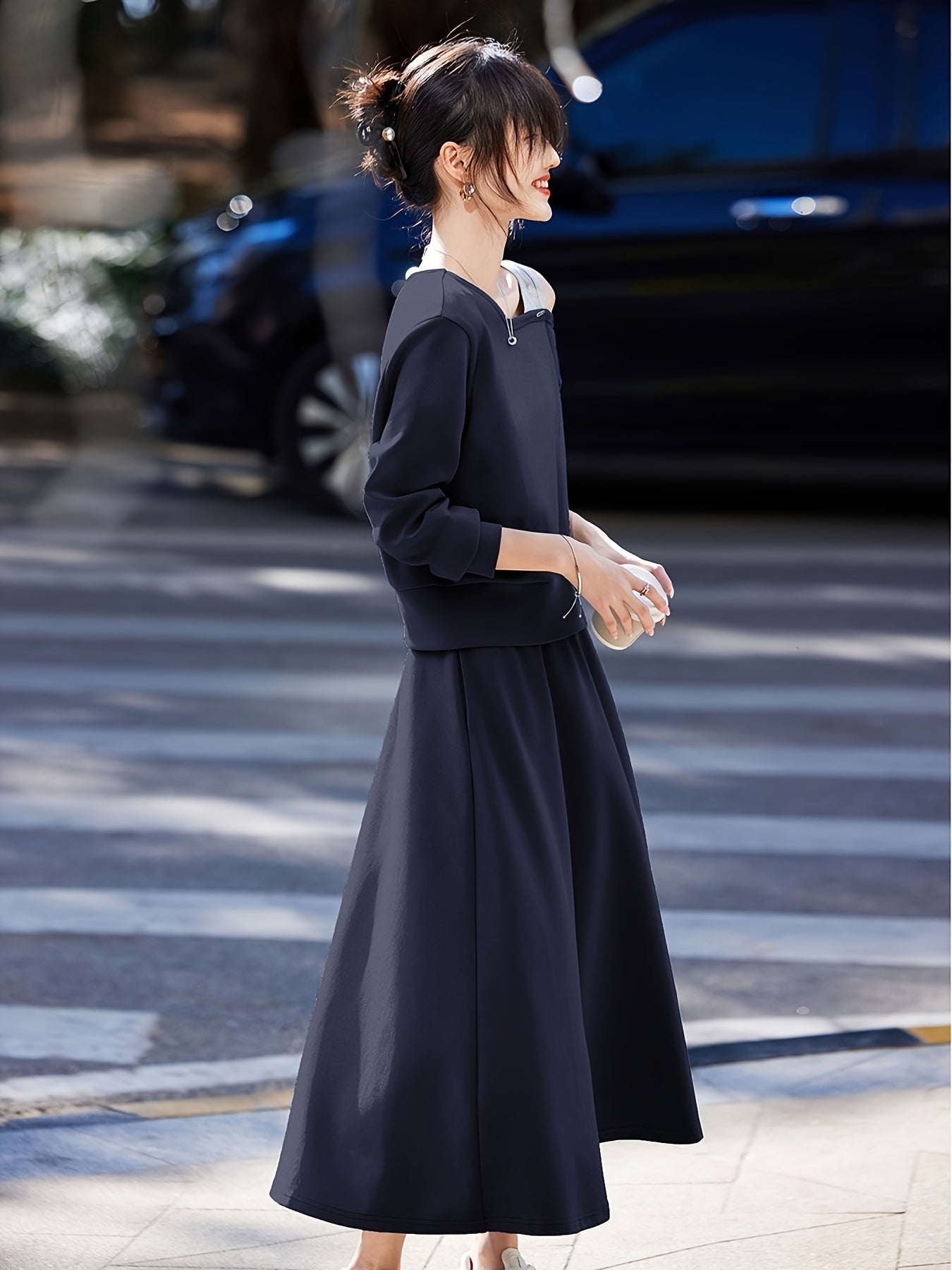 Chic Off-Shoulder Ribbed Top & Pleated Midi Skirt Set - Casual Two-Piece, Loose Fit, Long Sleeve, Solid Color, Spring\u002FFall Women'S Outfit, Casual Attire|Asymmetrical Neckline| Construction, Off Shoulder Top