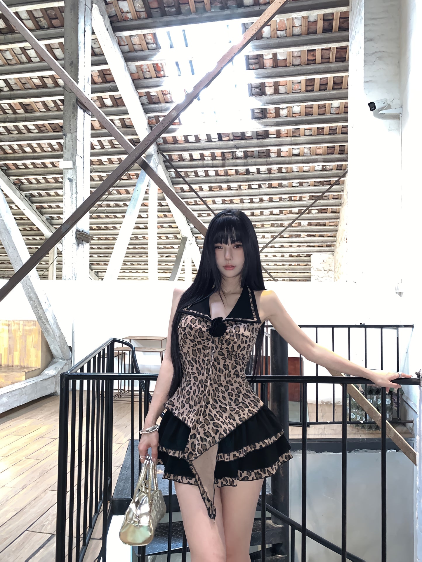 Sexy Leopard Print Pure Desire Halter Top Half Skirt Set for Women, Summer Outfit