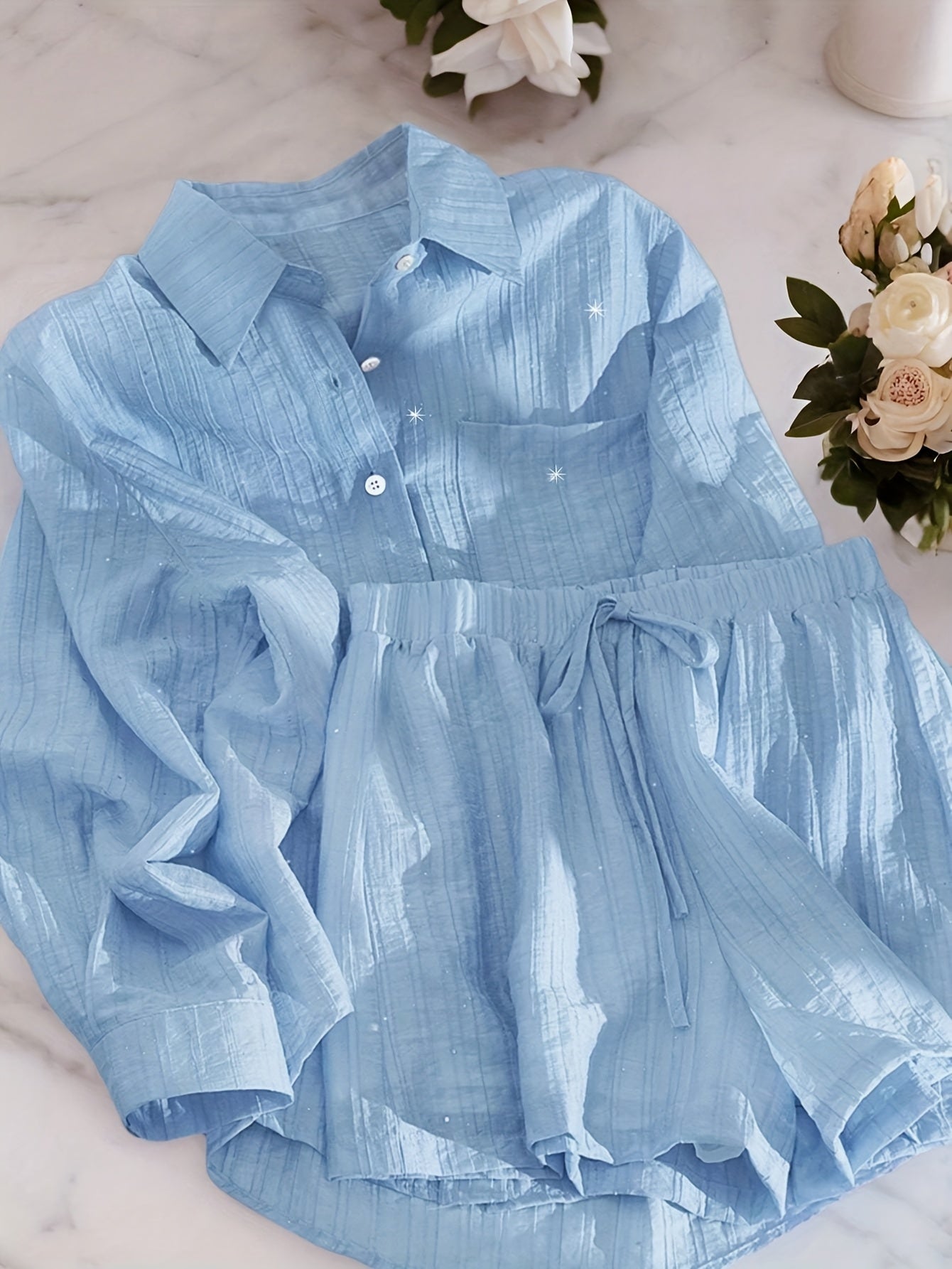 Women'S Casual Light Blue Shirt and Shorts Set - Solid Color, Button-Up Blouse with Ruffled Hem, High-Waisted Shorts, Perfect for Spring\u002FFall, Casual Attire|Ruffled Hem Shirt|Polyester Fabric