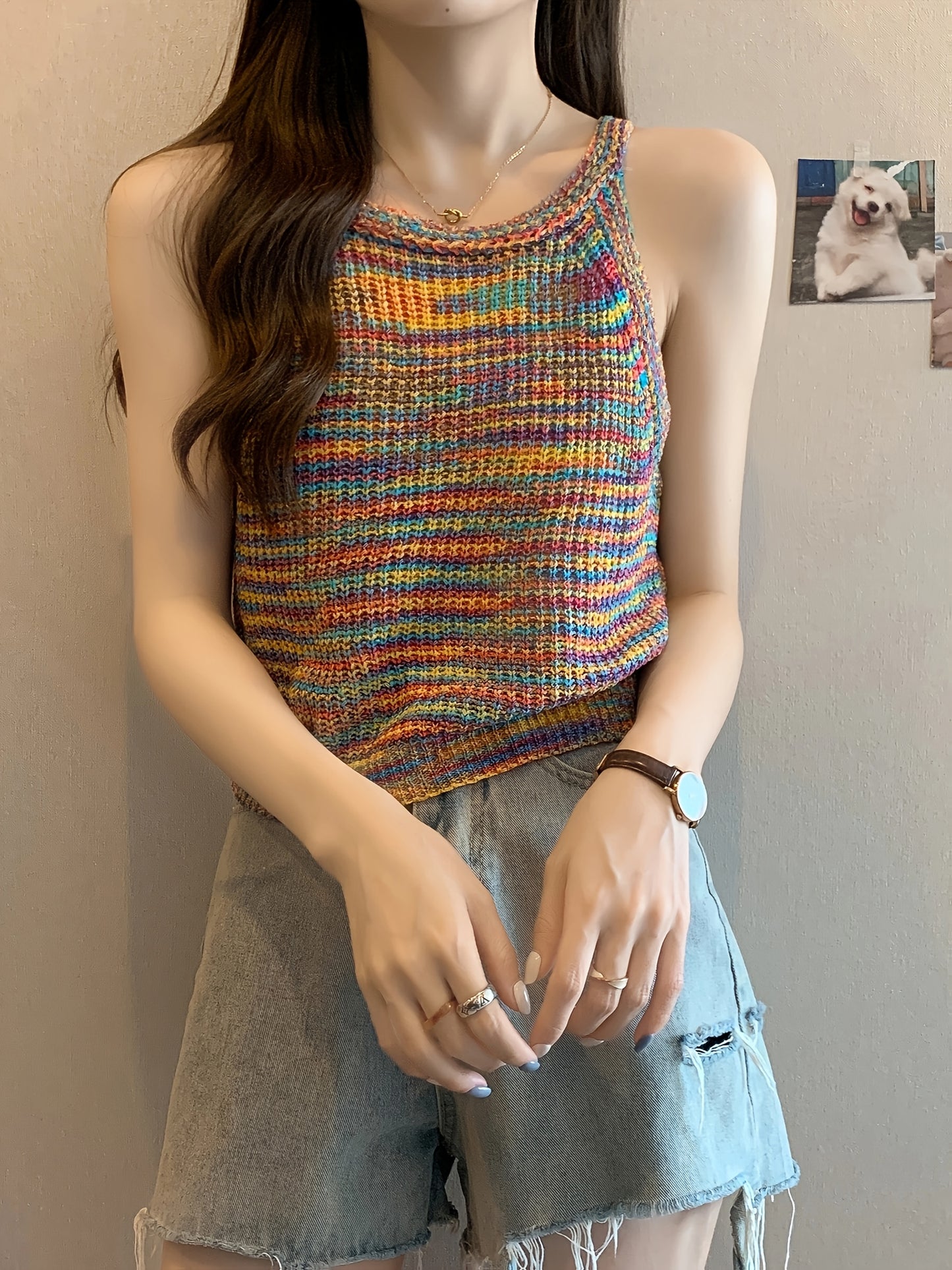 Vibrant Striped Top Vibrant Rainbow Striped Women's Halter Neck Tank Top | Colorful, Stretchy Sleeveless Knit Top for Summer, Spring & Fall, Casual Weekend Wear