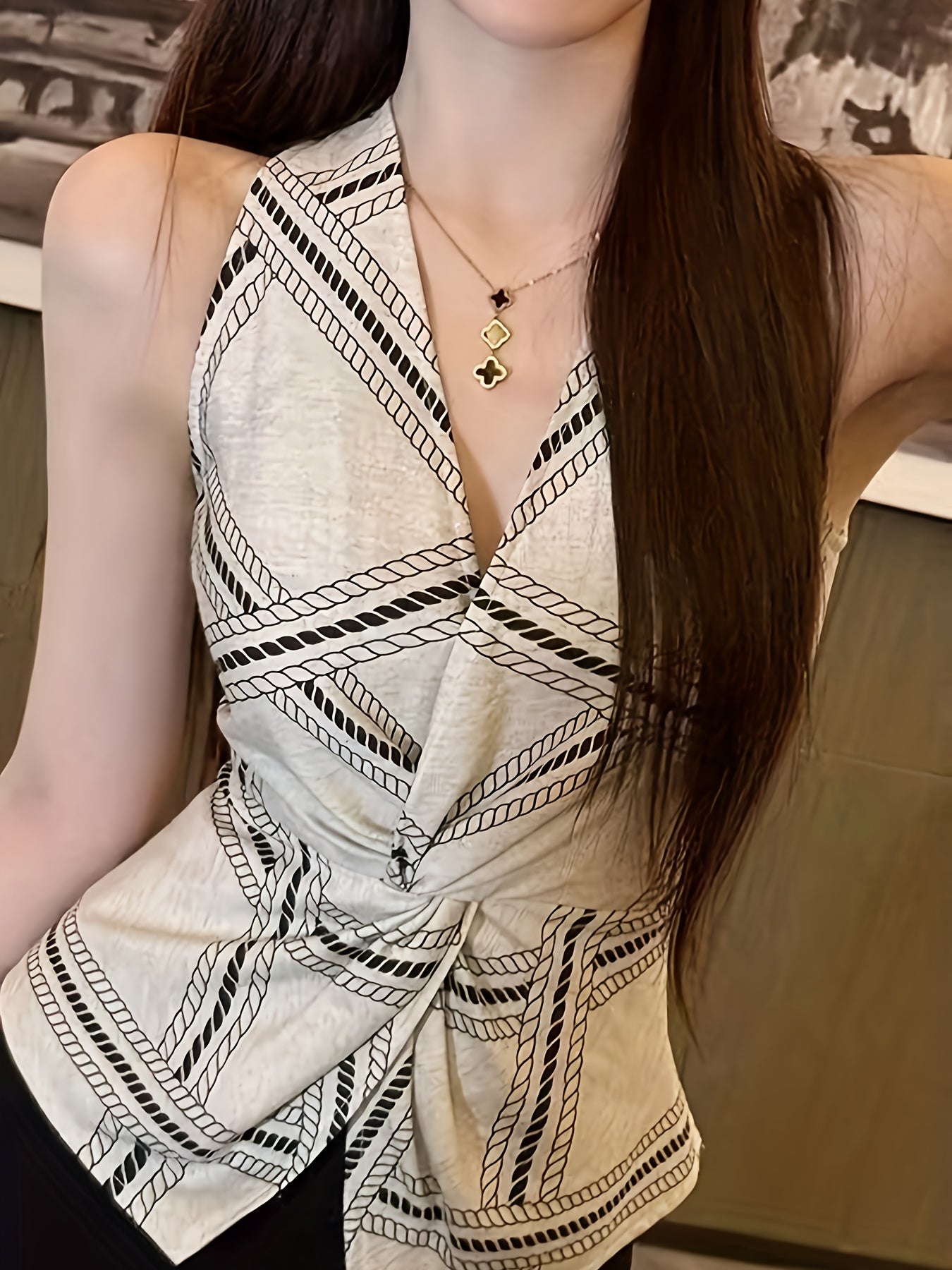 Vintage-Inspired Linen V-Neck Blouse with Twist Detail - Sleeveless, Button-Up Shirt for Women, Perfect for Summer, Casual Chic Style, Casual Chic Top|Vintage Style Shirt|Sleeveless Top
