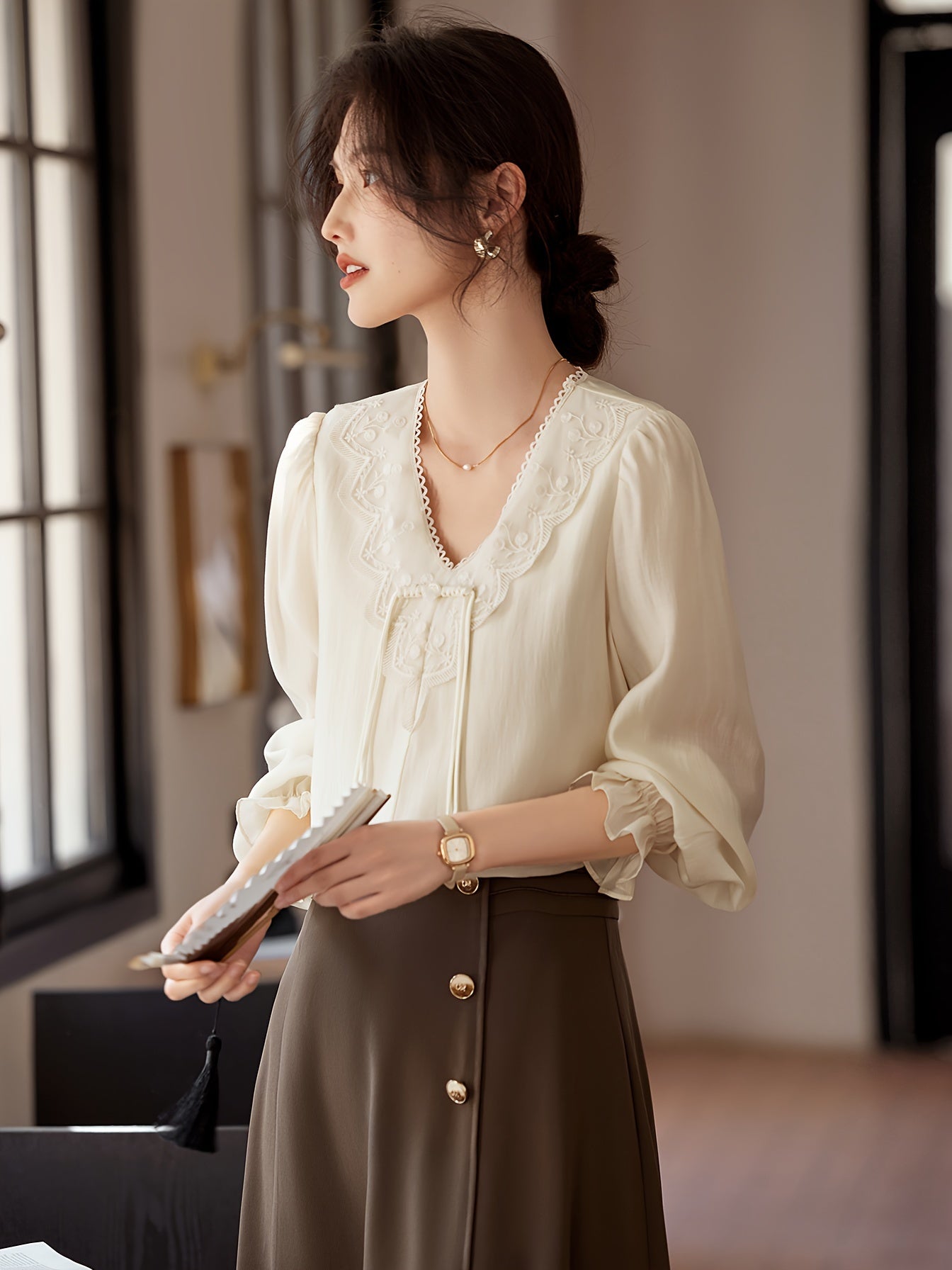 Women's Elegant V-Neck Blouse - Non-Transparent Long Sleeve Shirt, Office & Formal Events - XWI Women's Elegant Shirt for Spring\u002FSummer Everyday & Special Occasions, Special Occasion Top, Intricate Embroidery