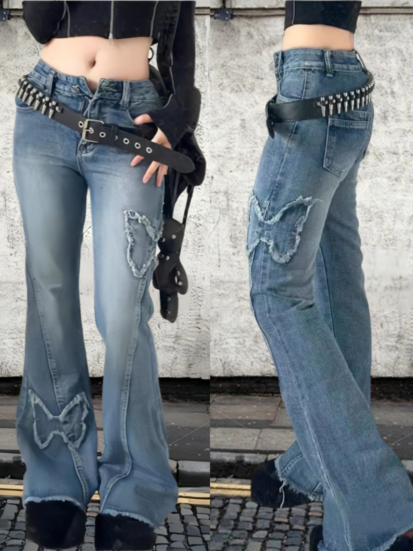 New American retro butterfly embroidered micro-flared jeans Spice high waist fashion versatile elastic slim slim long pants, machine washable