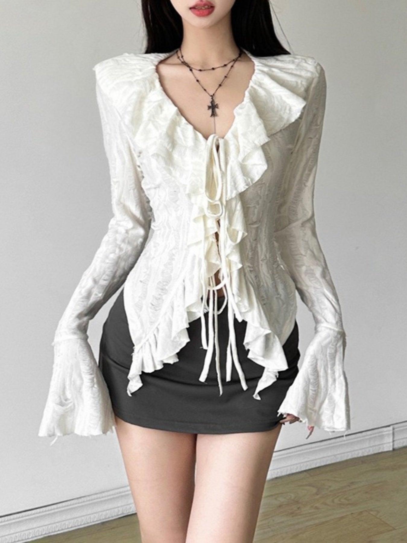 Cute Spice Slim Short T-Shirt, Women'S Solid Color Ruffled Fringe V-Neck Long Sleeve Slim Fashion T-Shirt