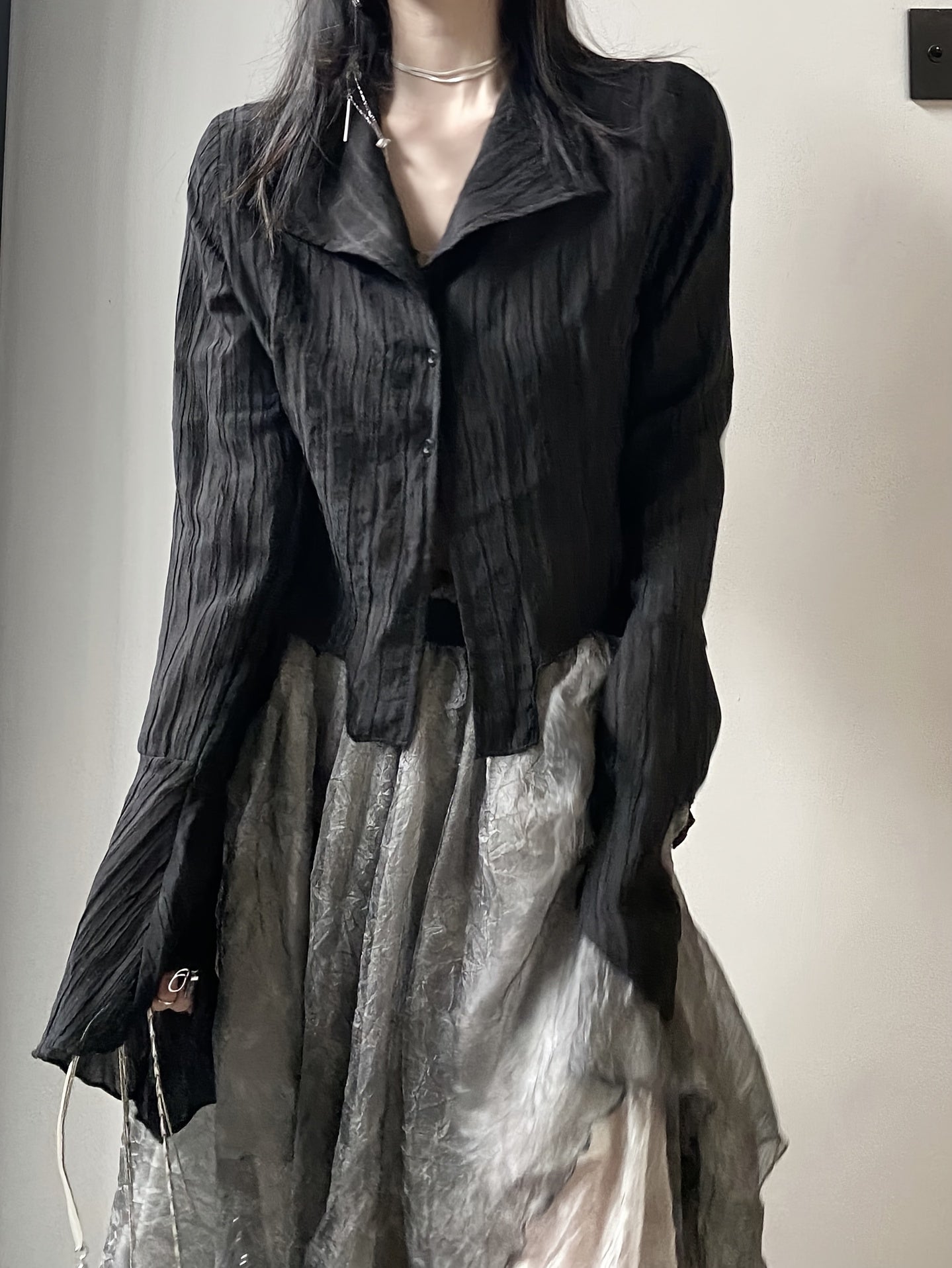 Women's Asymmetrical New Design Long-Sleeve Shirt - Vintage Slim Fit Blouse with V-Neck and Button Details, Versatile for Spring\u002FAutumn Wear, Machine Washable, Stylish & Durable Fabric, Chic Casual Look