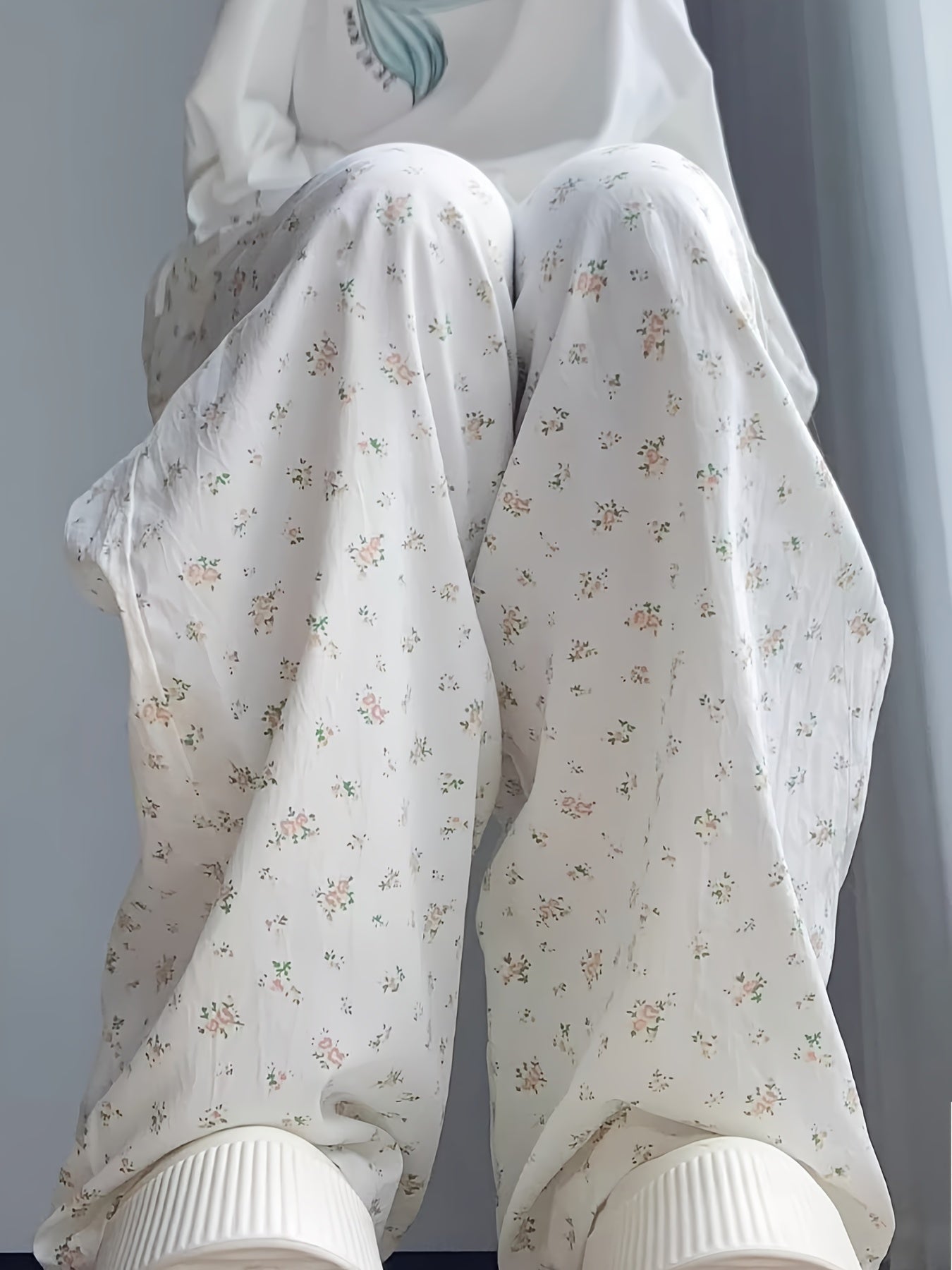 Women'S White Floral Wide Leg Pants, High Waist, Relaxed Fit, Polyester, for Spring\u002FSummer 2025