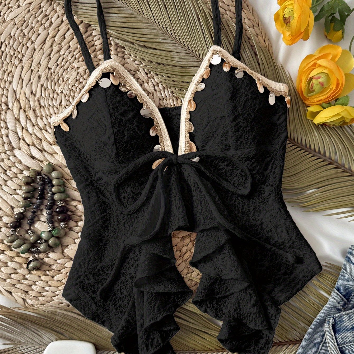 Lightweight Lace Tank Top Lightweight Stretchy Women's Adjustable Strap Off-Shoulder\u002FBoat Neck Lace Trim Tank Top | Polyester\u002FElastane Blend, Semi-Sheer Summer Casual Vacation Beachwear, Machine Washable