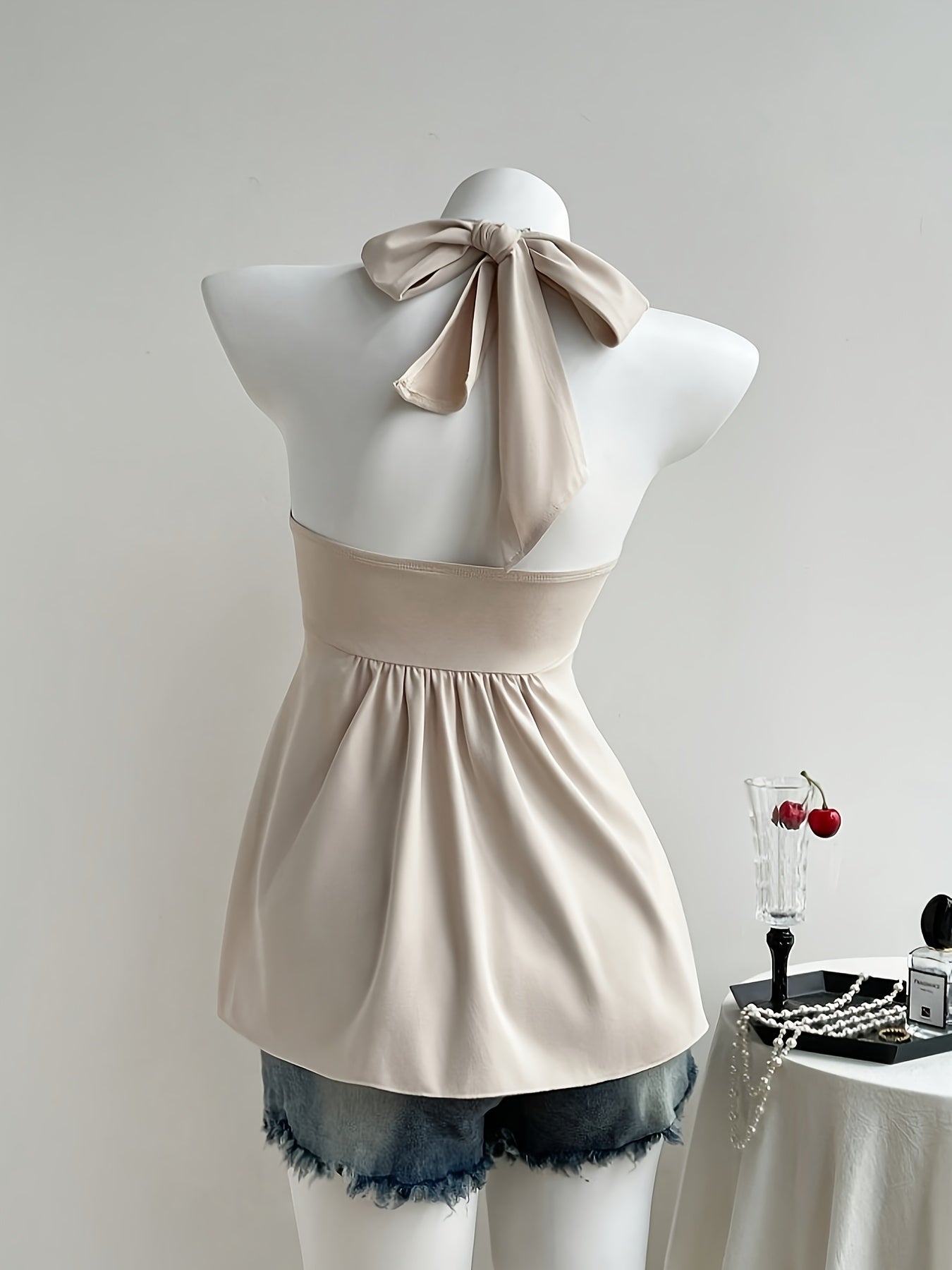 Women'S Peach Color Off-Shoulder Halter Top with Twist Detail - Sexy Backless Design, Solid Color, All-Season Wear, Stylish Halter Top|Trendy Halter Top|Polyester Fabric