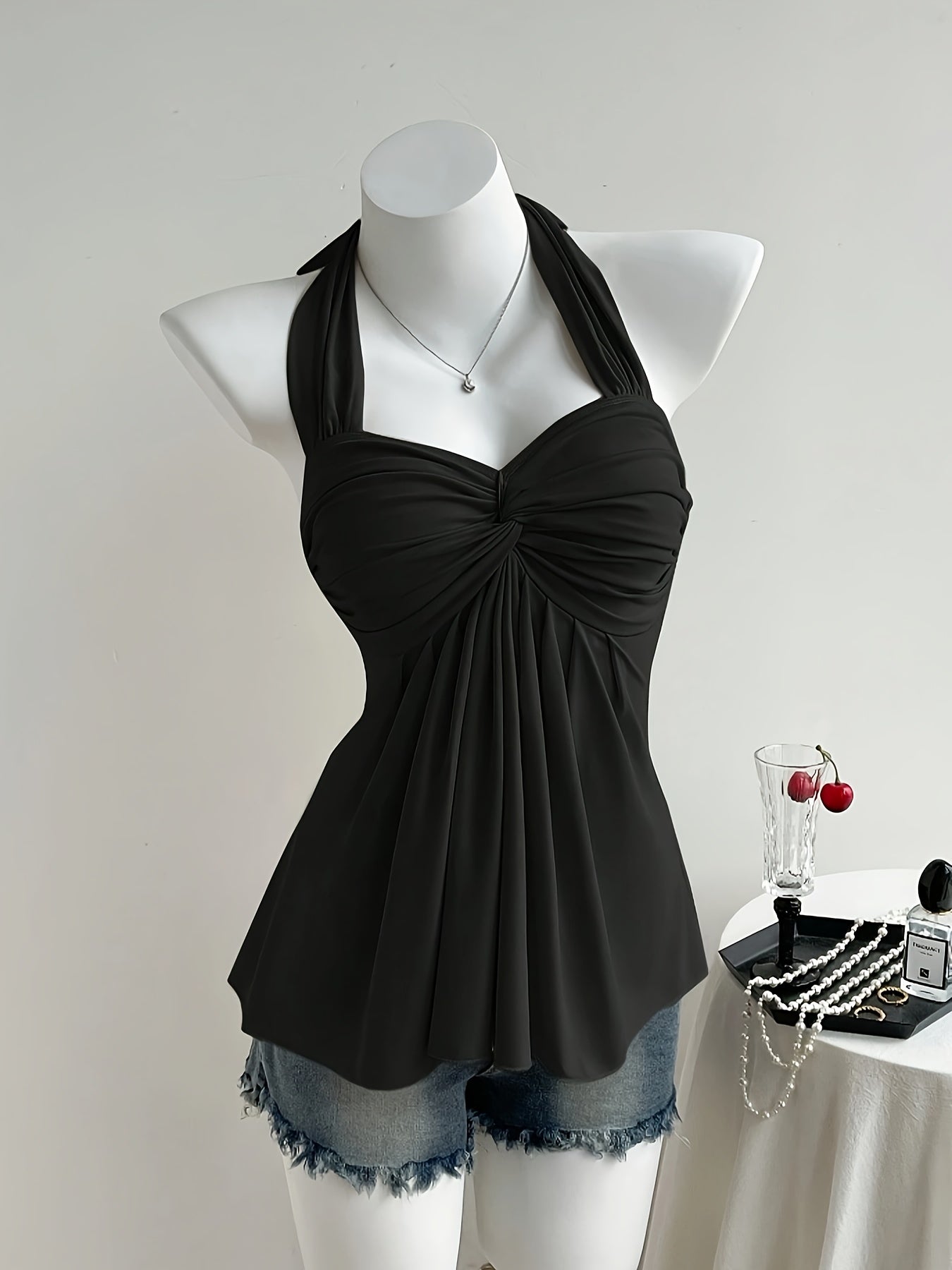 Women'S Peach Color Off-Shoulder Halter Top with Twist Detail - Sexy Backless Design, Solid Color, All-Season Wear, Stylish Halter Top|Trendy Halter Top|Polyester Fabric