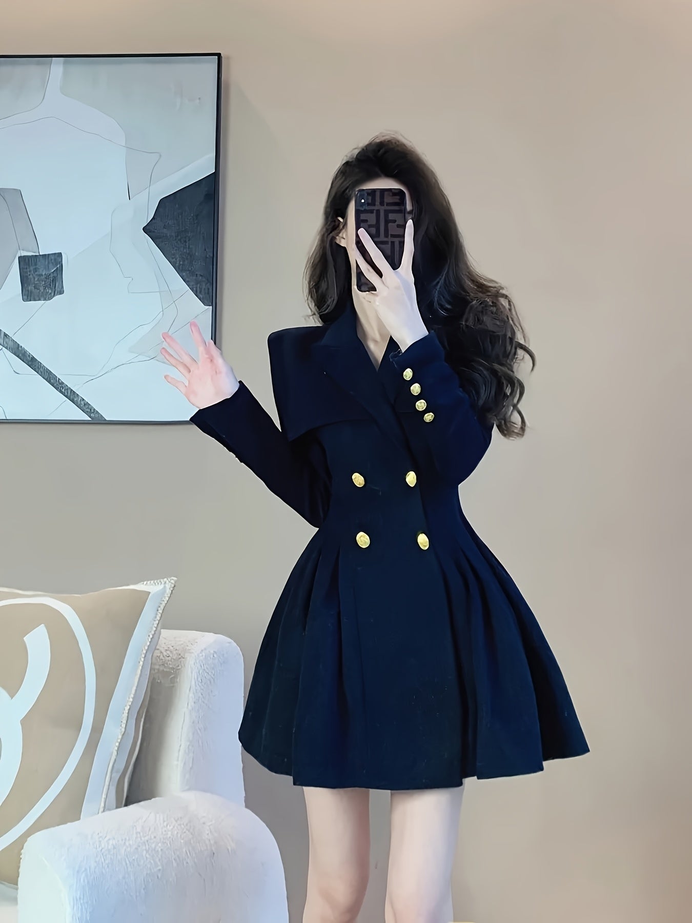 Elegant French-Inspired Navy Blue A-Line Dress for Women - Chic Waist-Cinching, Button-Up Blazer with Lapel Collar, Perfect for Spring\u002FFall, Office or Casual Wear, Office Attire | Frenchinspired Design | Tailored Fit