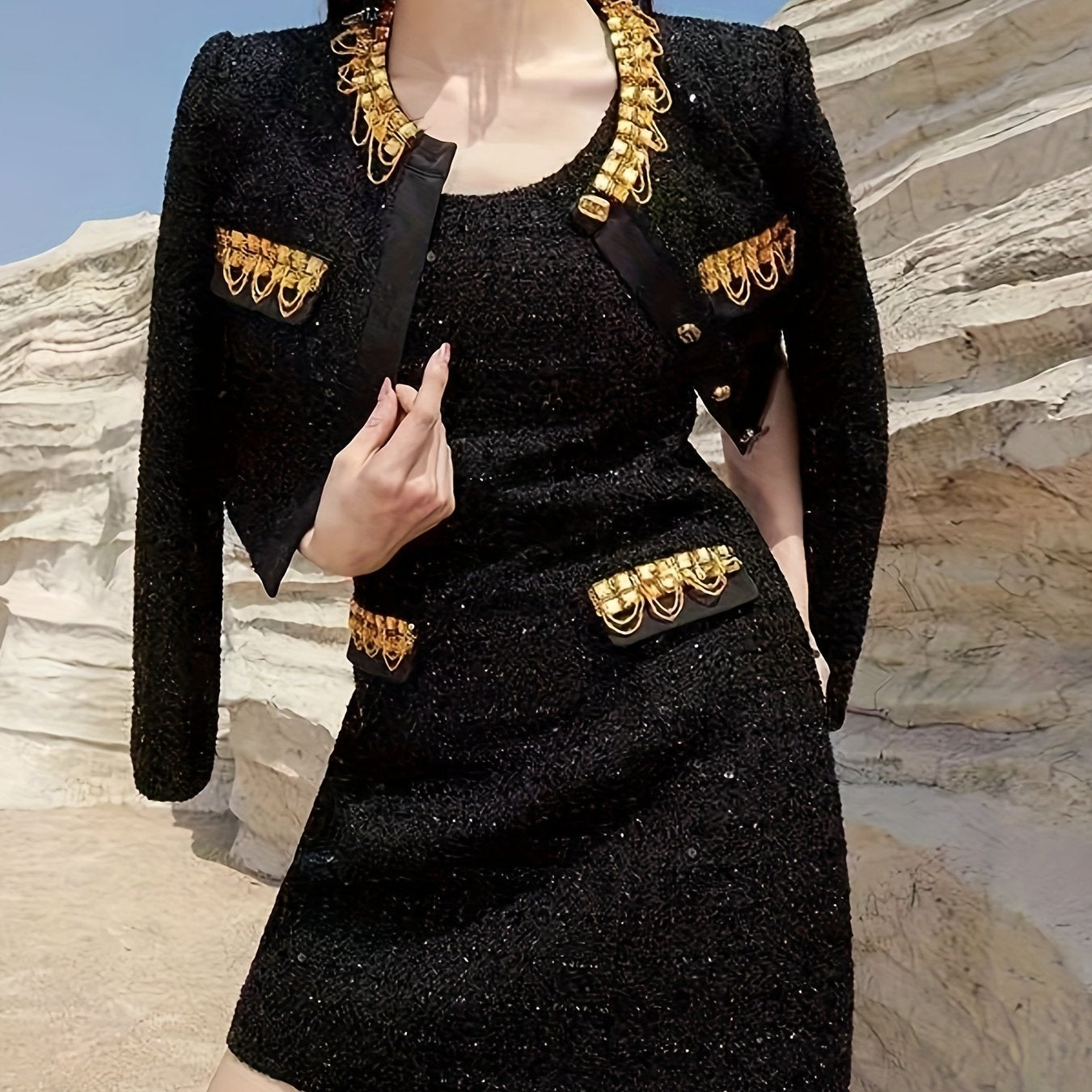 Elegant Black Sequin Two-Piece Set with Golden Accents - Sleeveless Mini Dress & Cropped Jacket, Rhinestone Embellishments, Perfect for Fall\u002FWinter Parties, Winter Party Attire|Sequin Embellished|Rhinestone Details