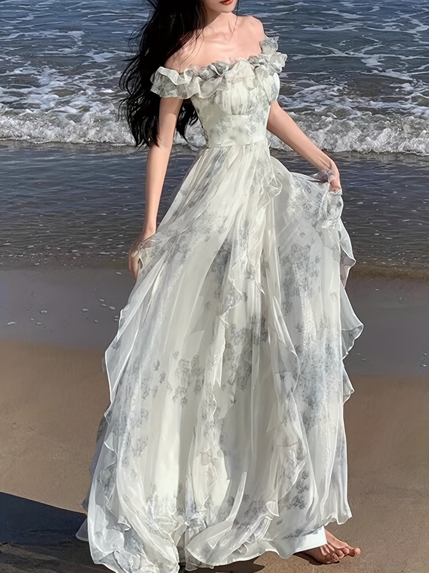 Blue-toned Upgraded Version Off-Shoulder Beach Dress with Ruffle Detail, Floral Print, and Flowy Design for Summer Vacation - Elegant Long A-Line Gown with Cinched Waist, Perfect for Adult Women, Beach Dresses