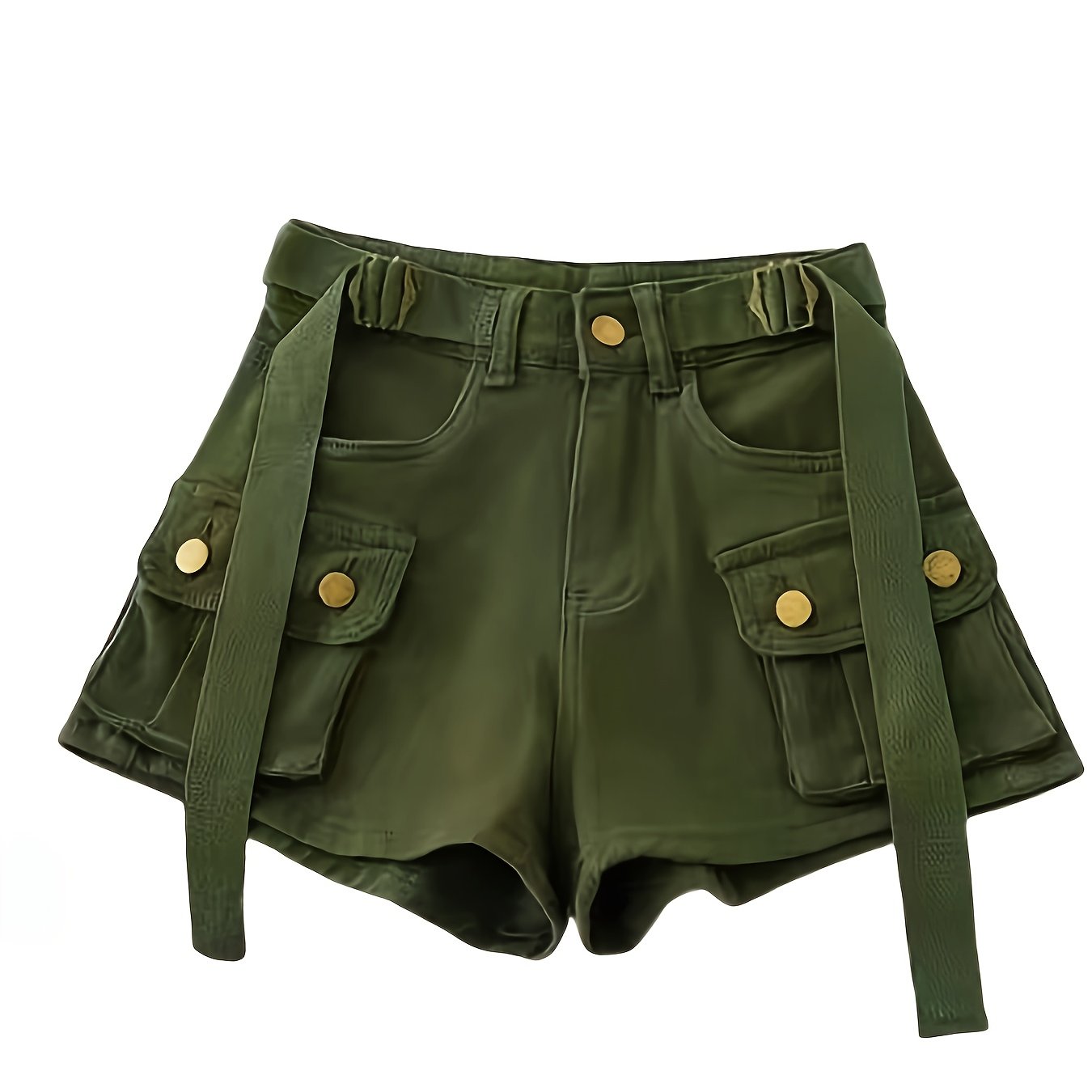 Women's High-Waisted Stretch Slim-Fit Casual Cargo Shorts - Olive Green Retro American Style with Pockets & Built-In Zipper, Machine Washable Summer Shorts for Spring\u002FSummer