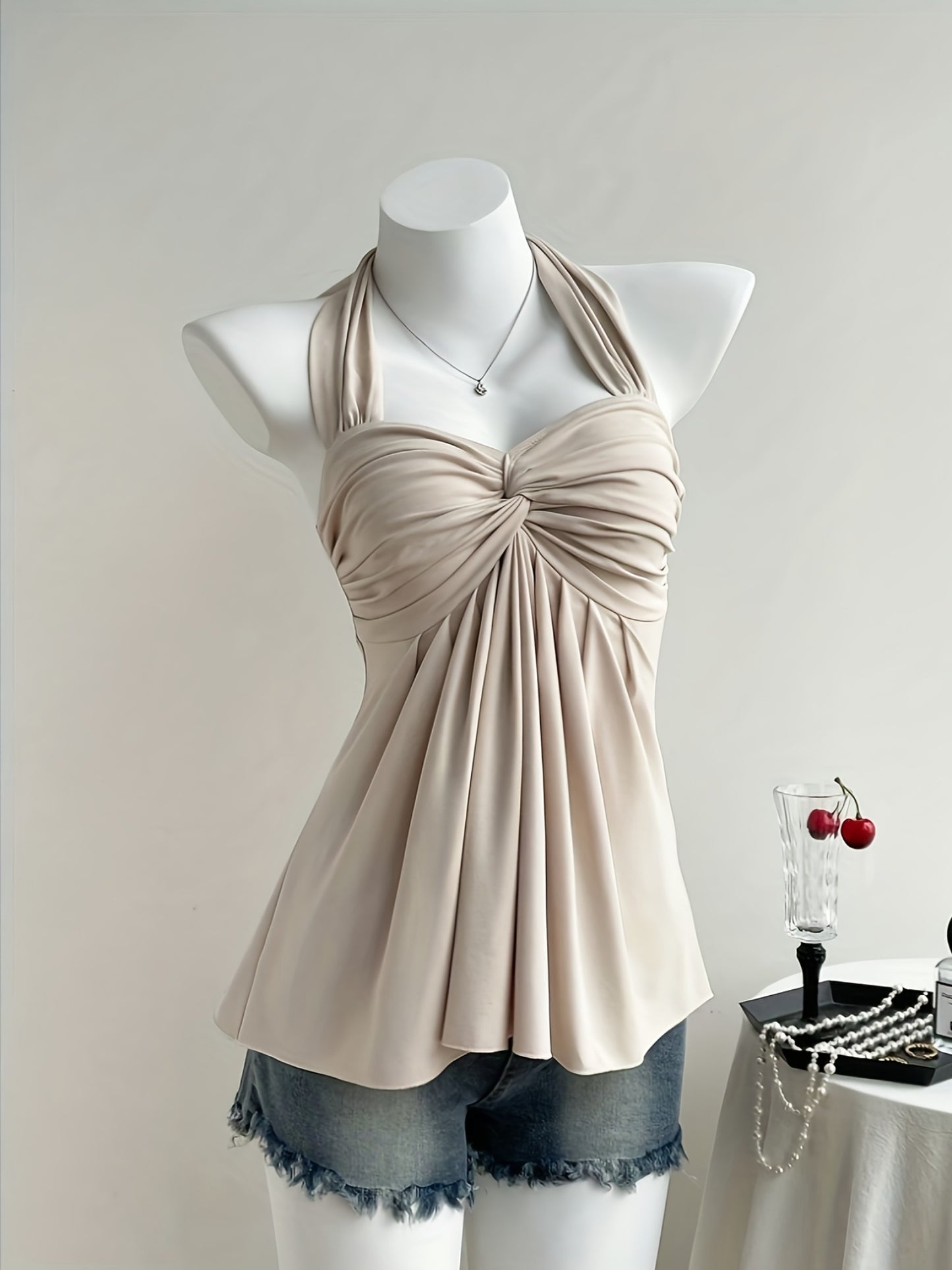 Women'S Peach Color Off-Shoulder Halter Top with Twist Detail - Sexy Backless Design, Solid Color, All-Season Wear, Stylish Halter Top|Trendy Halter Top|Polyester Fabric